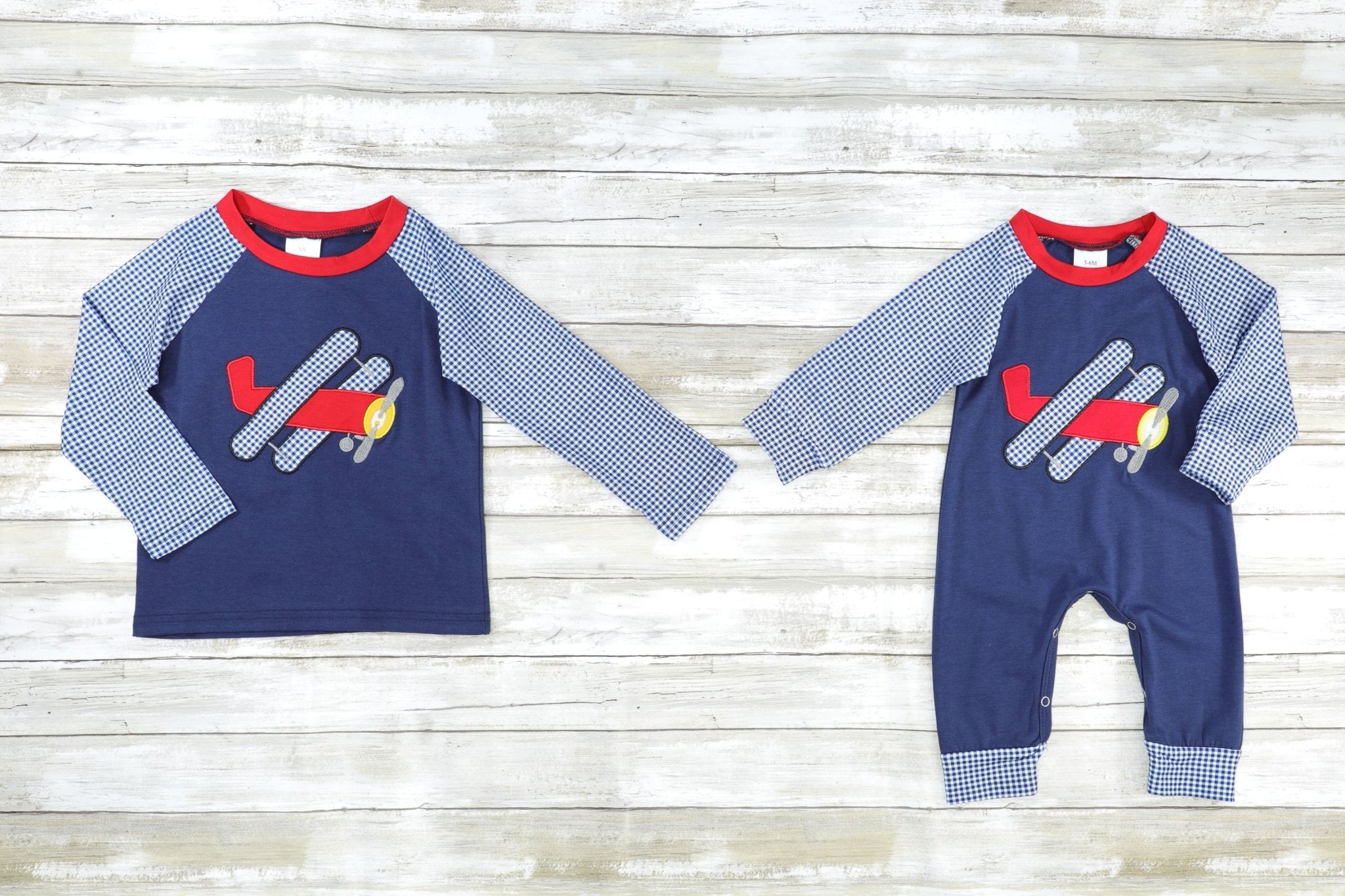Navy Gingham Airplane Raglan Romper - Marie Nicole Clothing