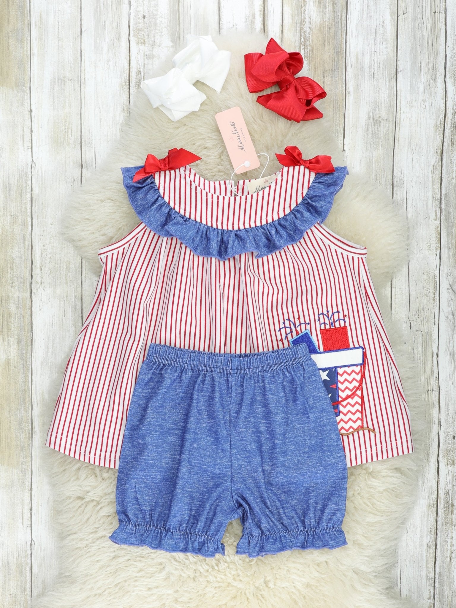 Patriotic Pinstripe Beach Bucket Ruffle Outfit - Marie Nicole Clothing