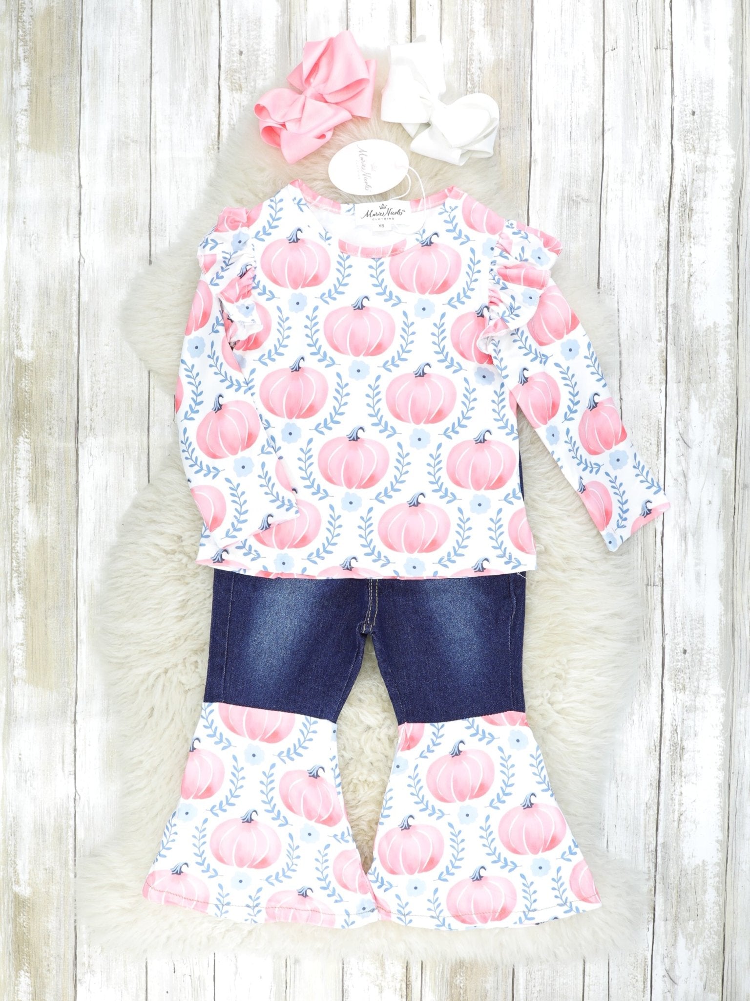 Pink Pumpkin Ruffle Top & Denim Bell Bottoms Outfit - Marie Nicole Clothing