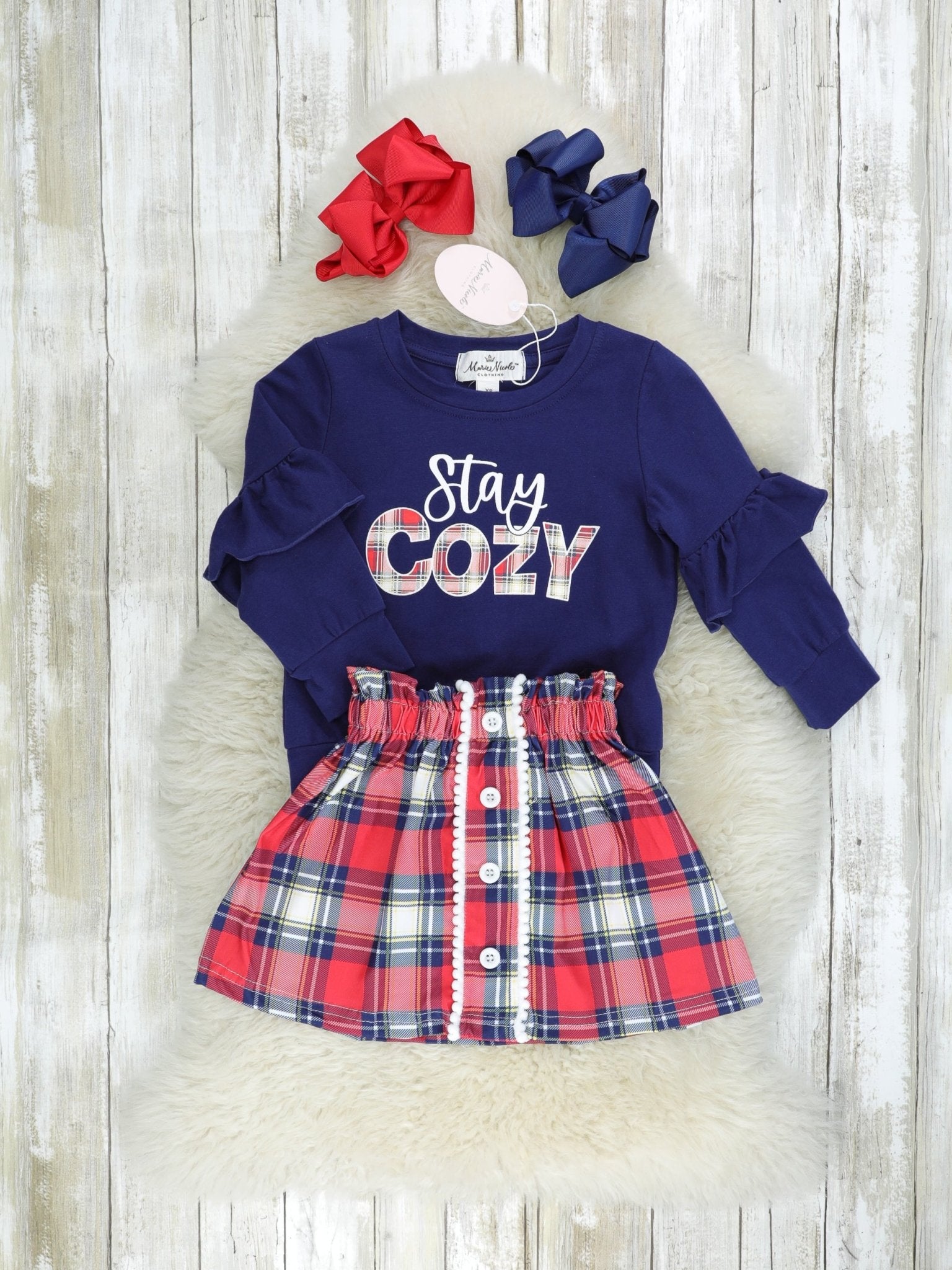 Navy & Red "Stay Cozy" Plaid Ruffle Skirt Outfit - Marie Nicole Clothing