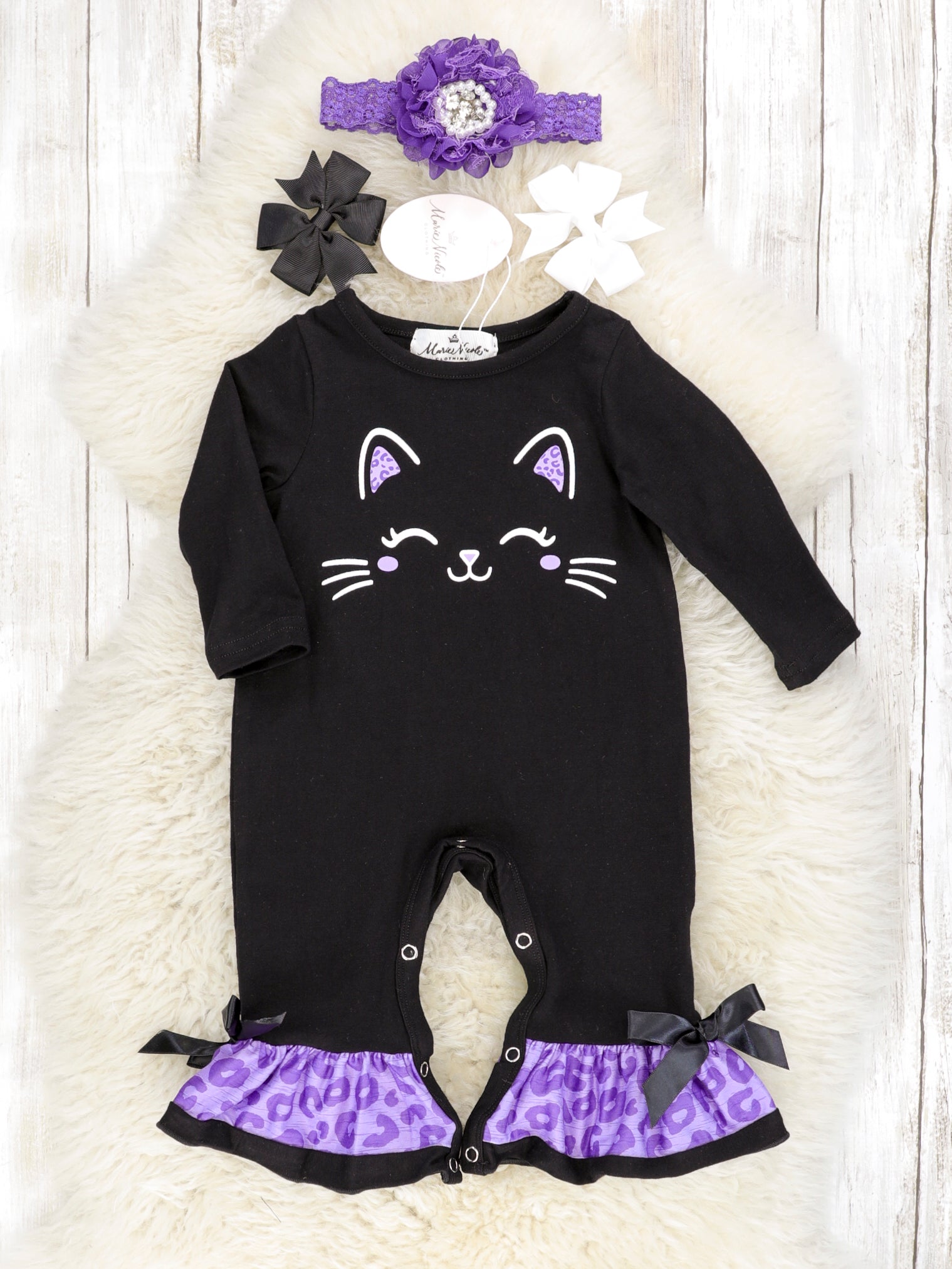Black Cat Purple Leopard Print Ruffle Romper - Marie Nicole Clothing