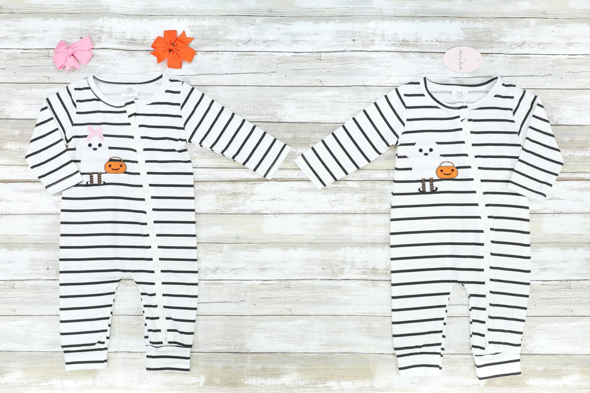 Striped Ghost W/ Bow & Pumpkin Romper Pajamas - Marie Nicole Clothing