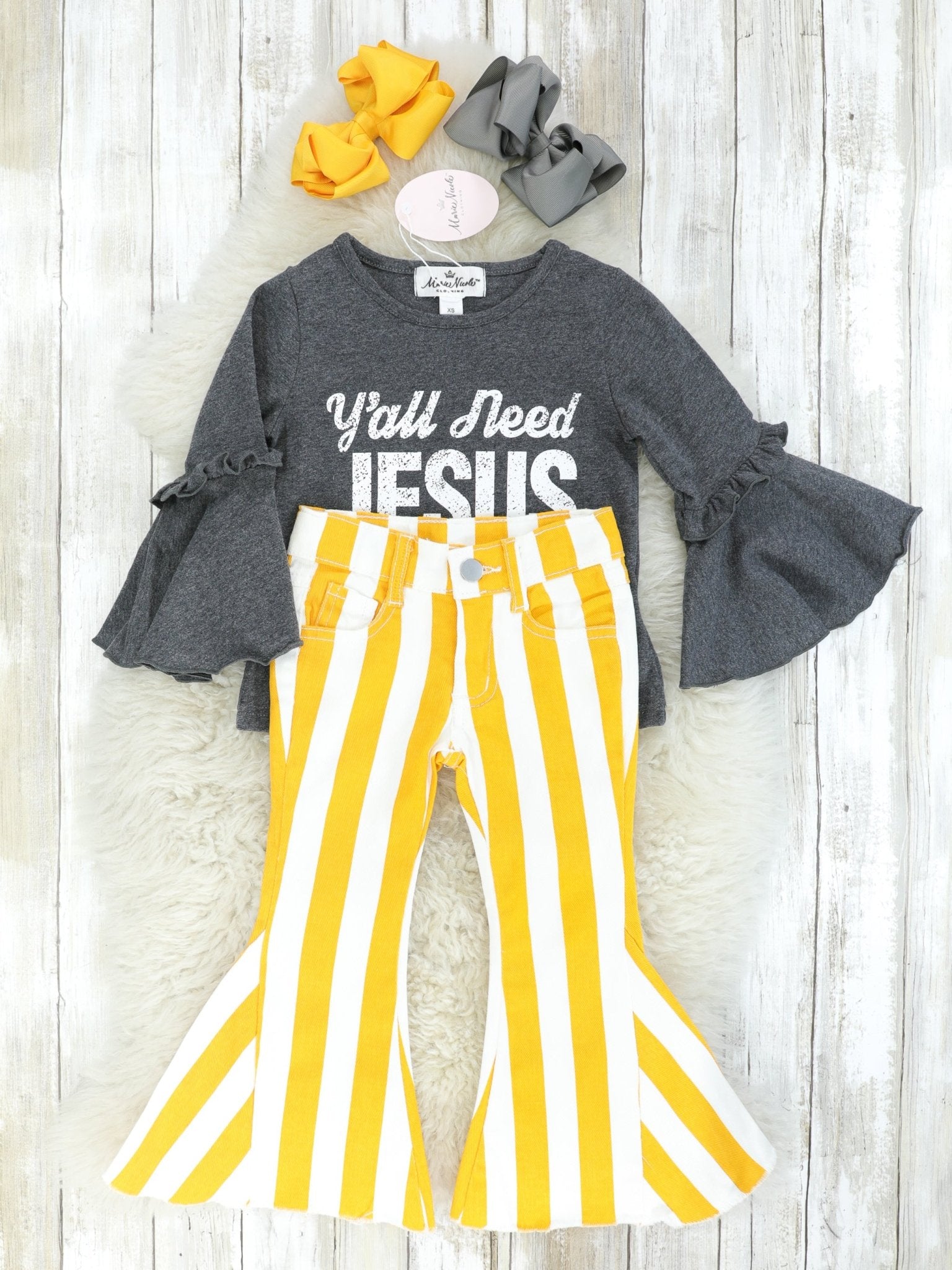 "Y'all Need Jesus" Ruffle Top & Yellow Striped Bell Bottoms Outfit - Marie Nicole Clothing