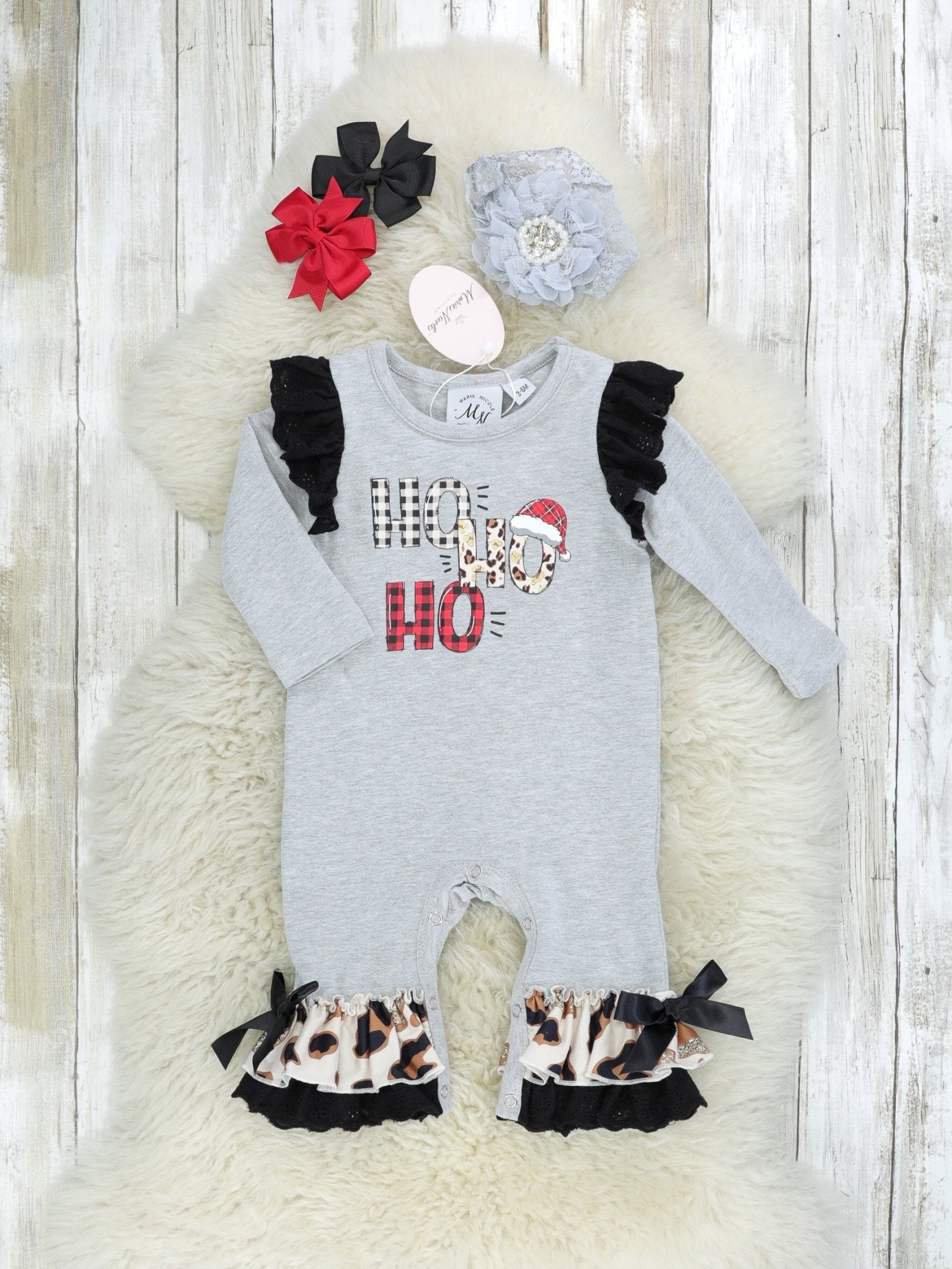 "HO HO HO" Leopard Ruffle Romper - Marie Nicole Clothing