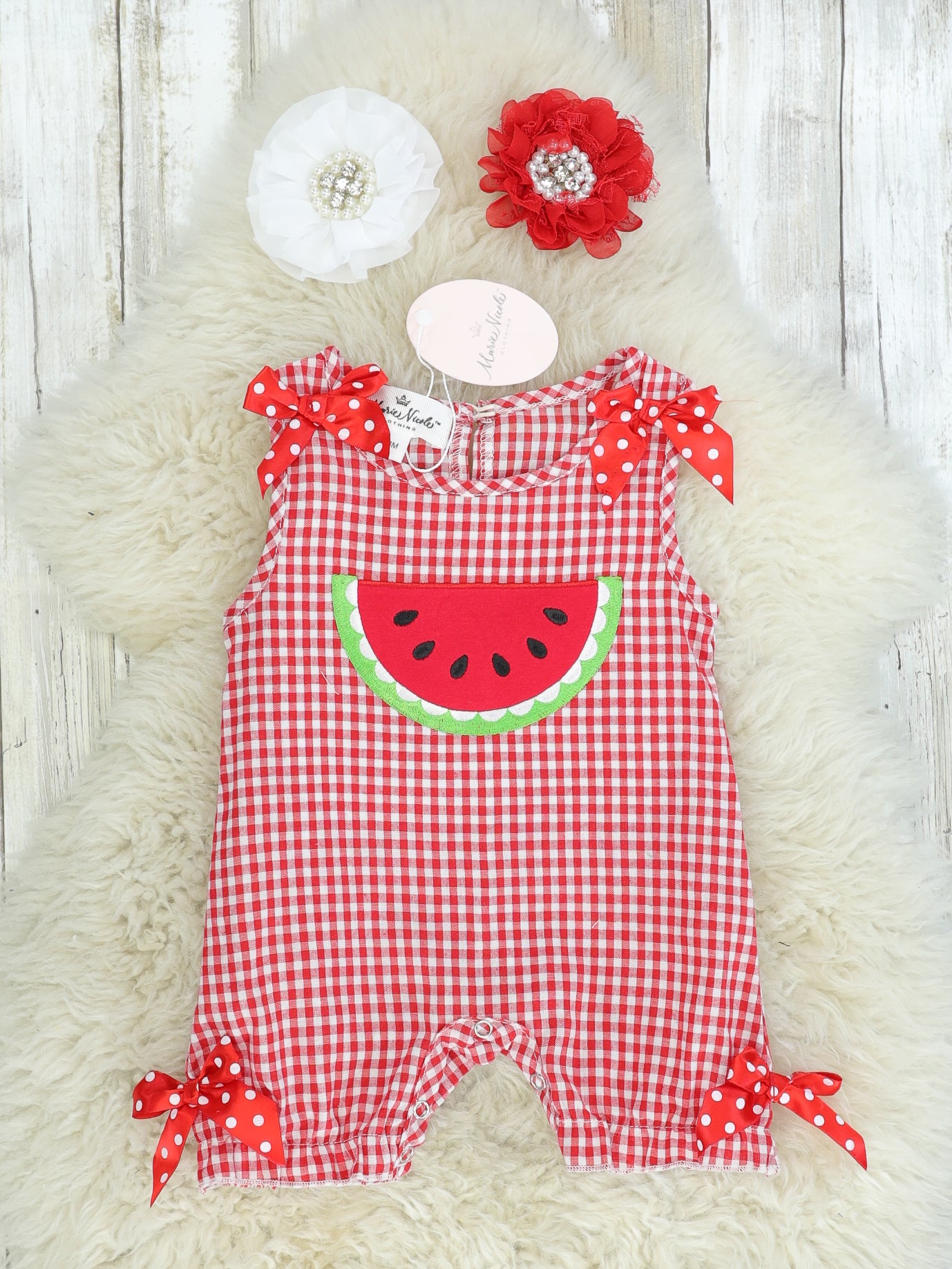 Red Check Watermelon Romper - Marie Nicole Clothing