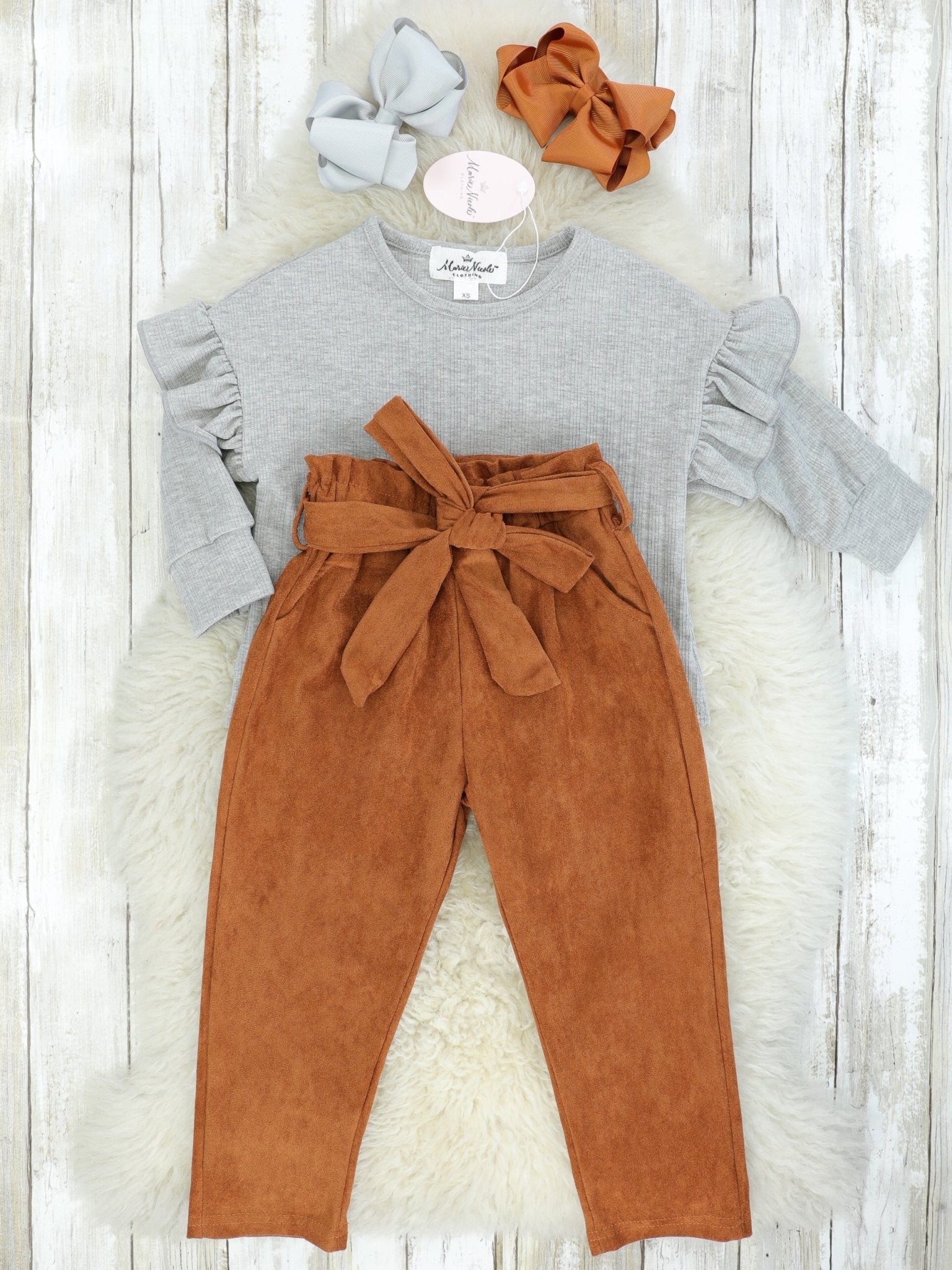 Grey Ribbed Ruffle Top & Camel Suede Bottoms Outfit - Marie Nicole Clothing