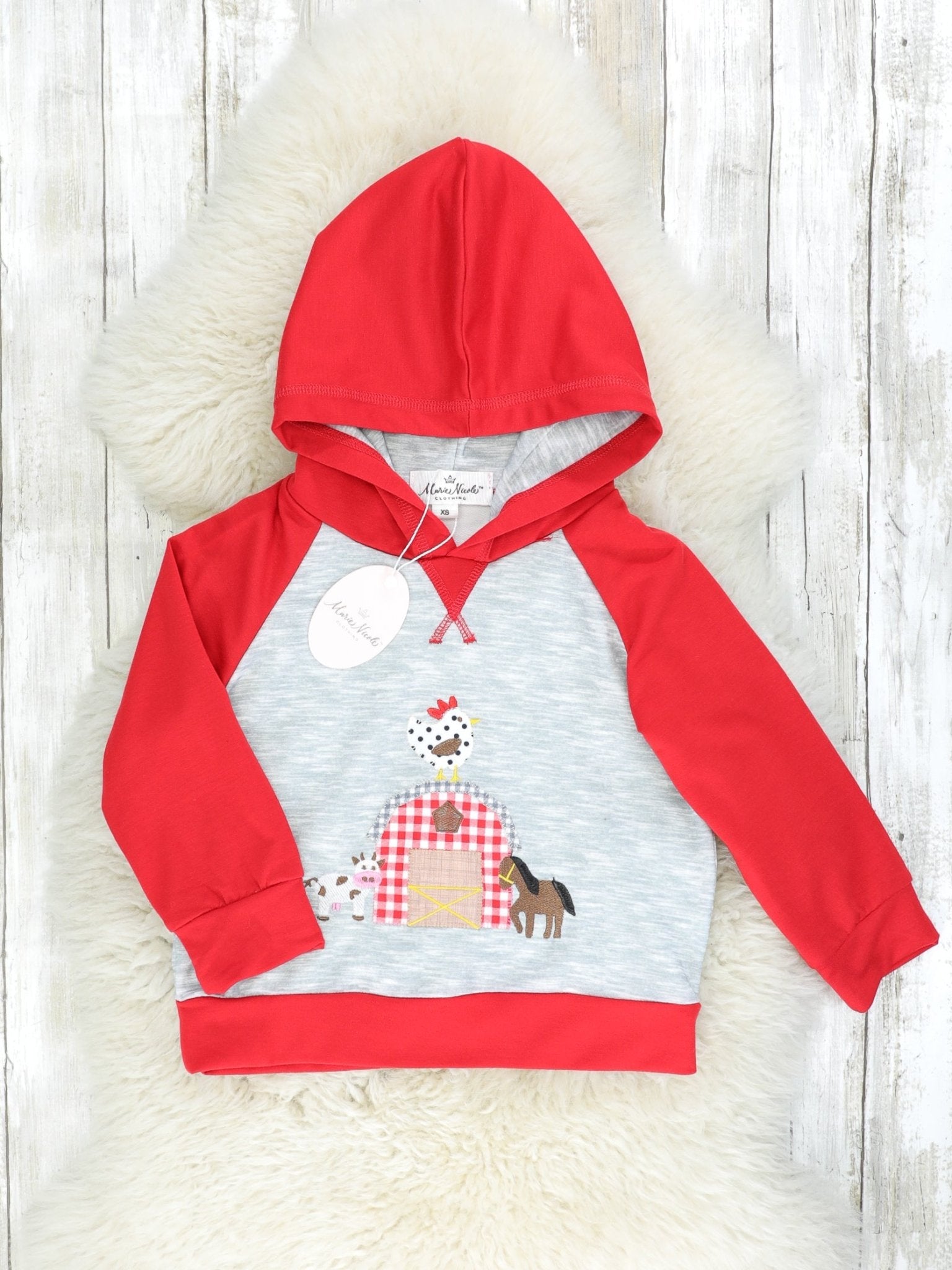 Red Raglan Farm Animal Hoodie - Marie Nicole Clothing