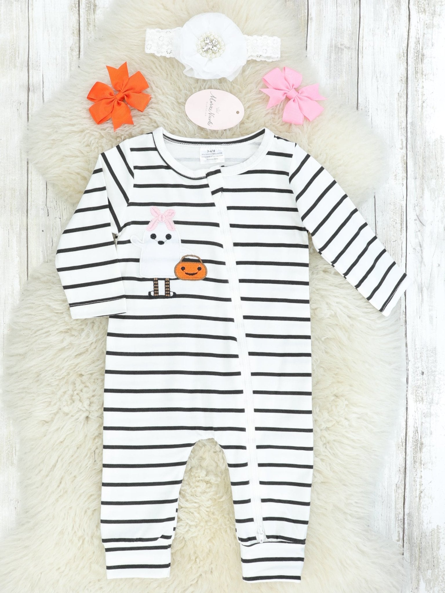 Striped Ghost W/ Bow & Pumpkin Romper Pajamas - Marie Nicole Clothing