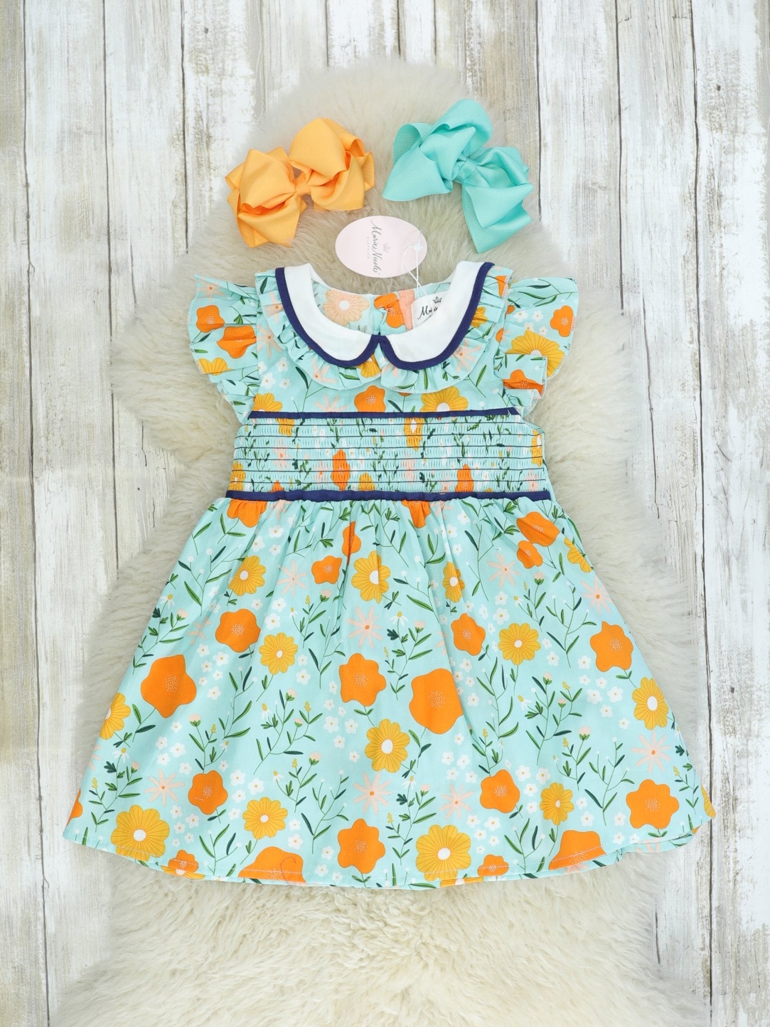Blue, Orange, & Yellow Floral Smocked Dress - Marie Nicole Clothing