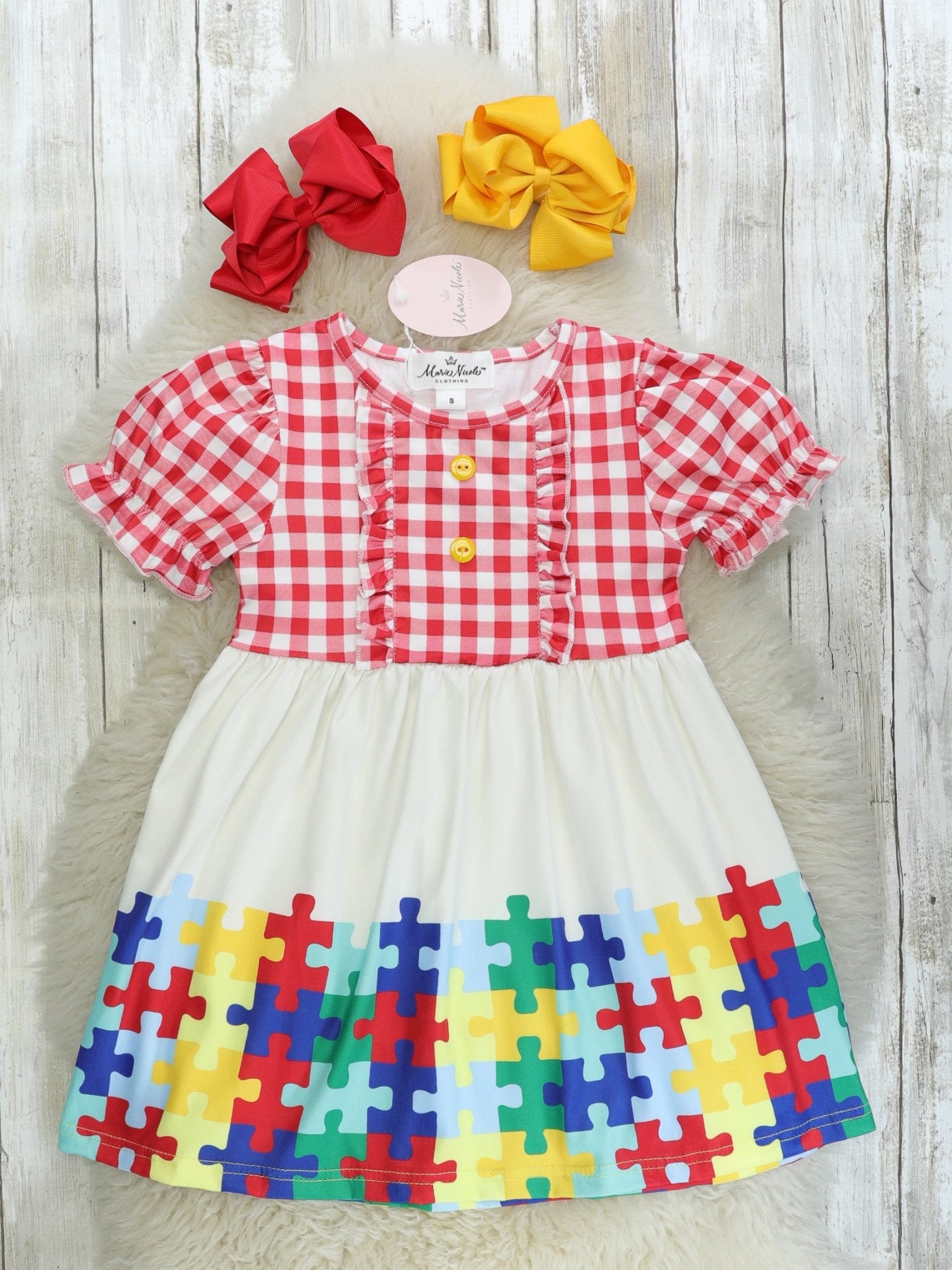 Puzzle Pieces Ruffle Dress - Marie Nicole Clothing