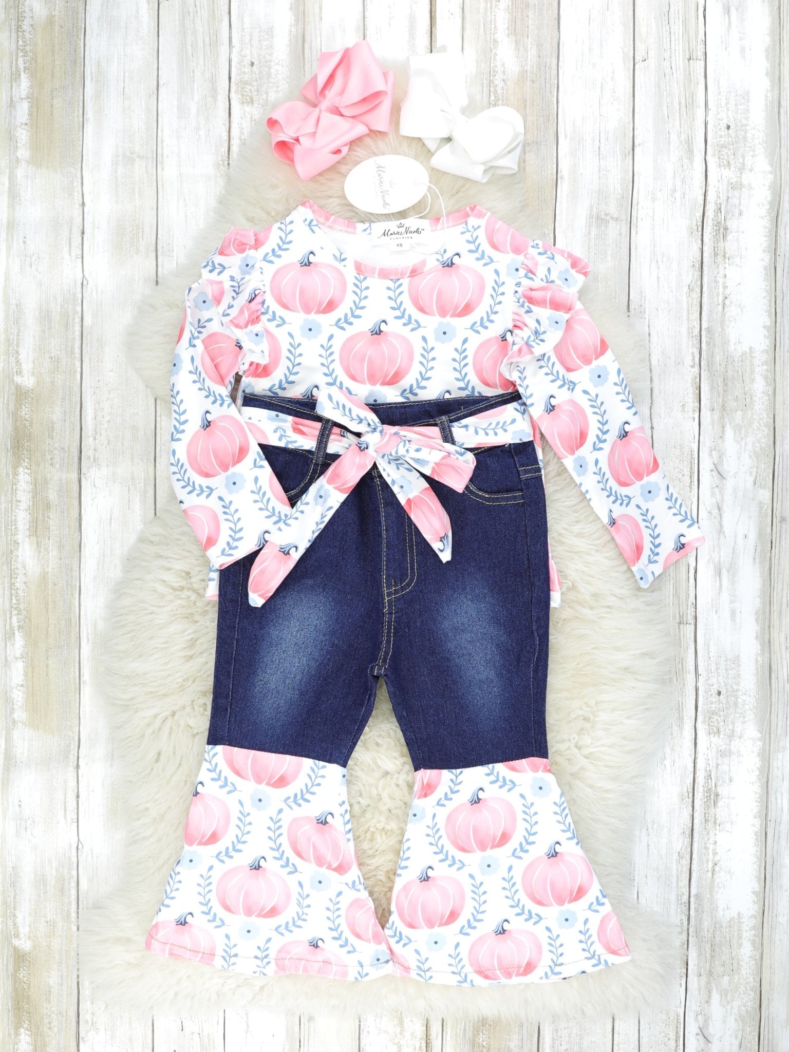 Pink Pumpkin Ruffle Top & Denim Bell Bottoms Outfit - Marie Nicole Clothing