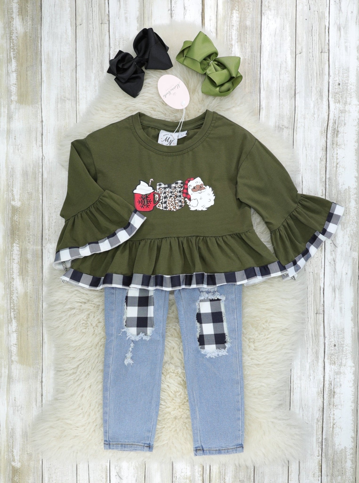 Gingham Christmas Bell Sleeve & Denim Outfit - Marie Nicole Clothing