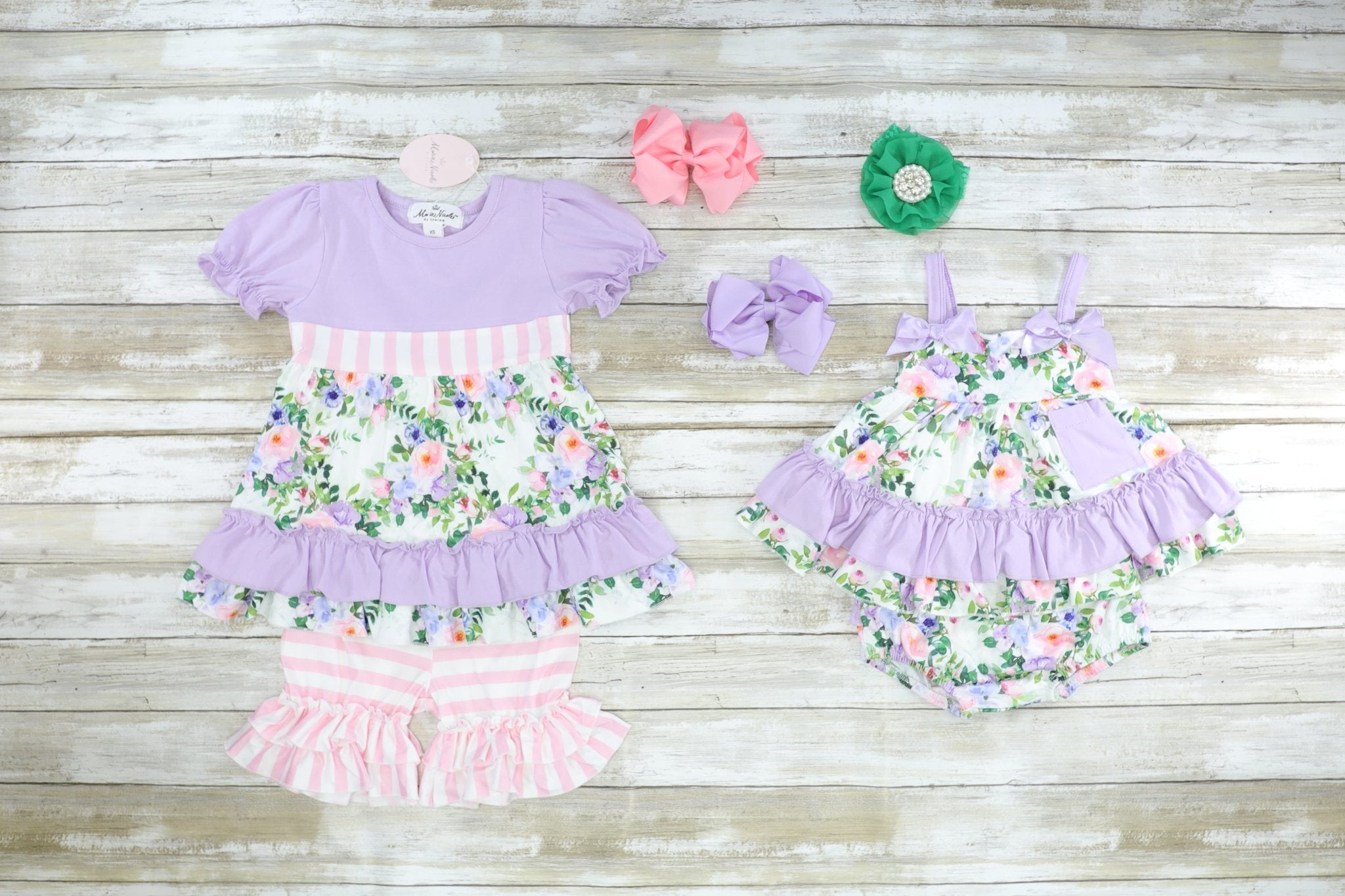 Purple Floral & Pink Striped Ruffle Outfit - Marie Nicole Clothing