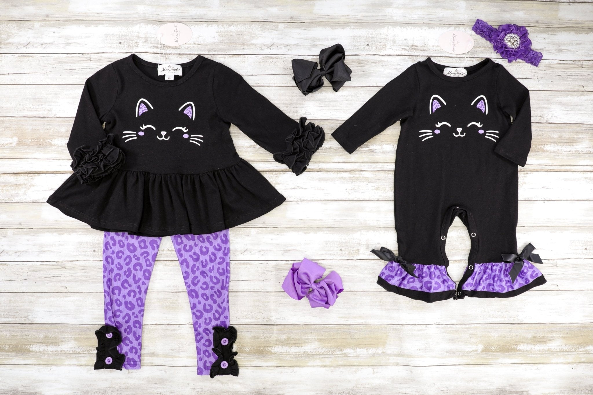 Black Cat Purple Leopard Print Ruffle Romper - Marie Nicole Clothing