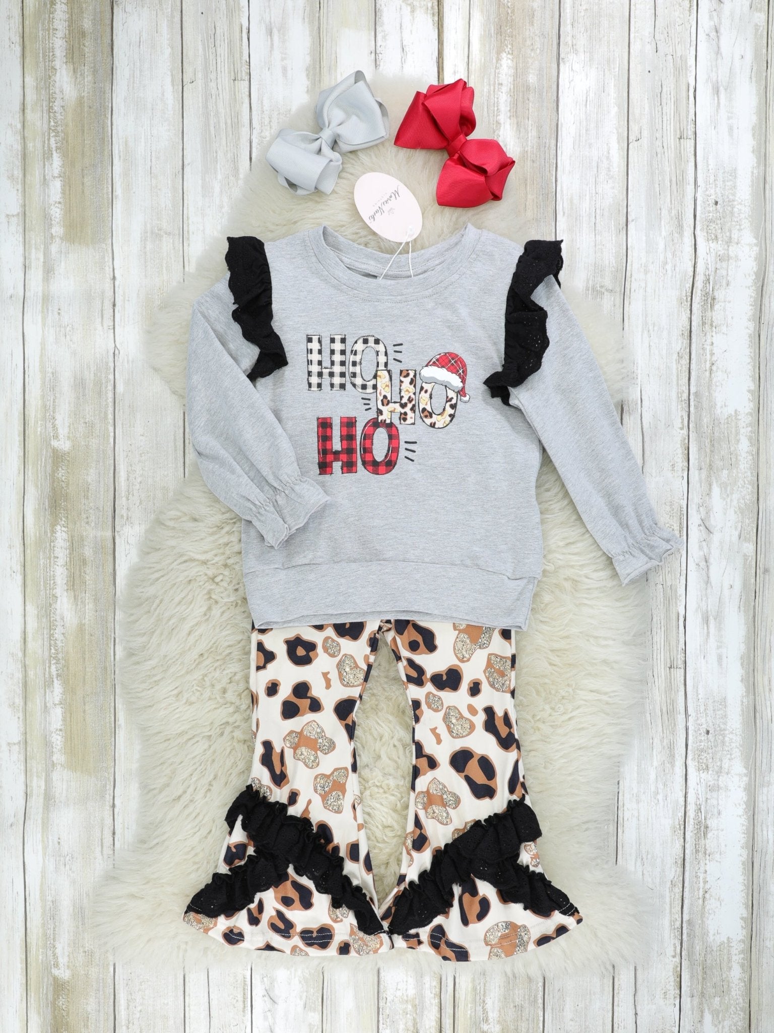 "HO HO HO" Leopard Ruffle Outfit - Marie Nicole Clothing