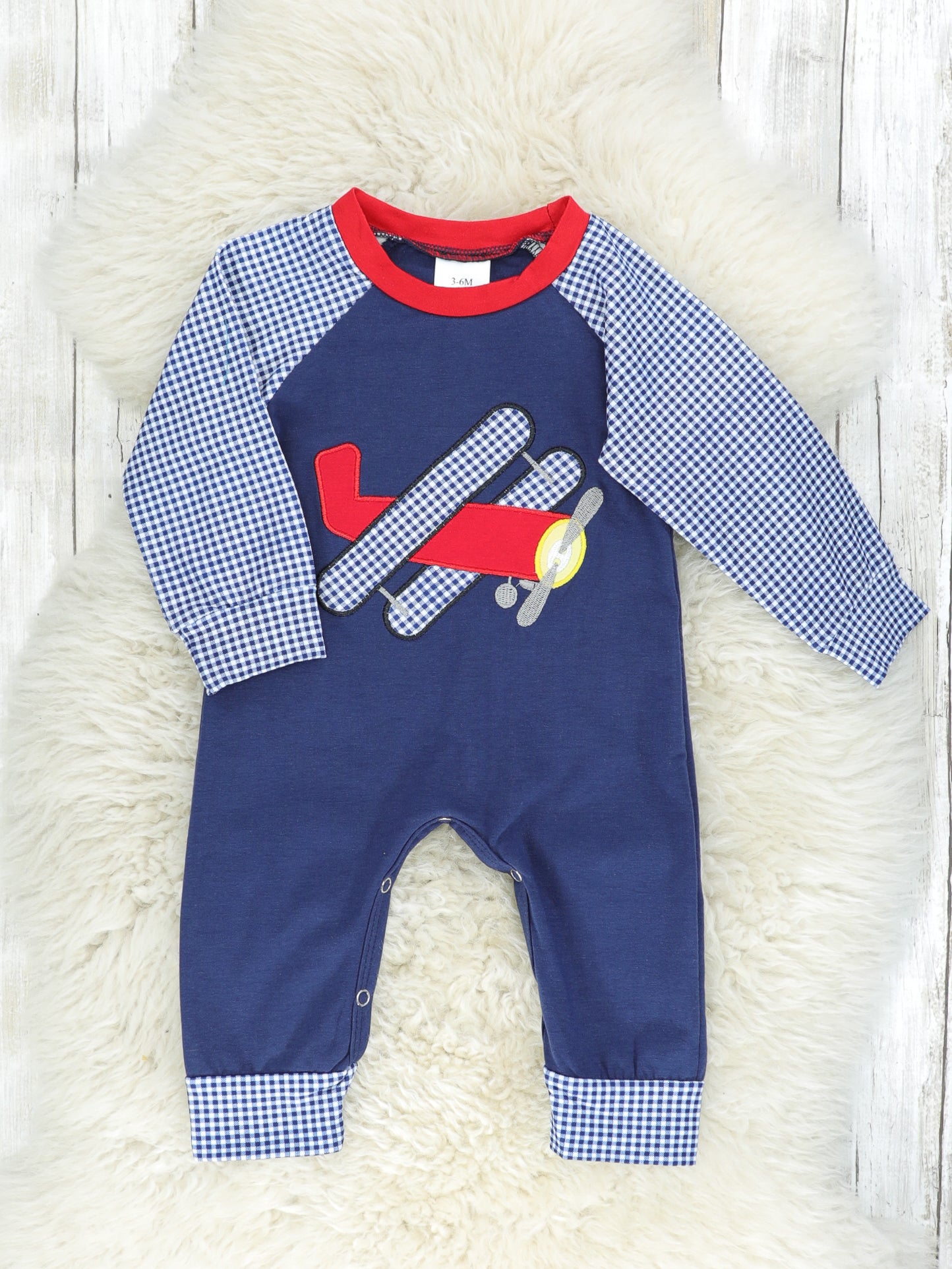 Navy Gingham Airplane Raglan Romper - Marie Nicole Clothing