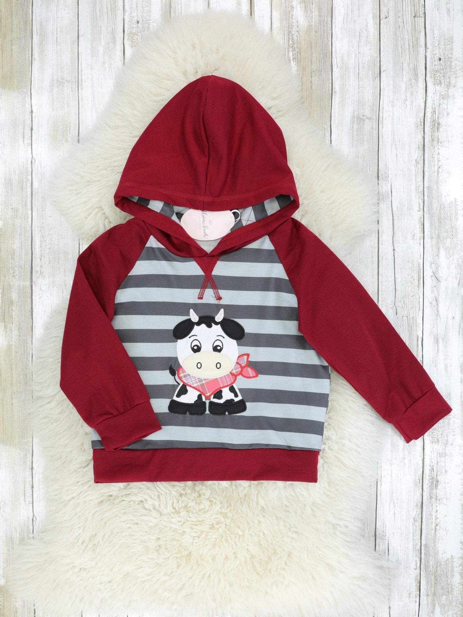 Maroon & Grey Striped Cow Hoodie - Marie Nicole Clothing