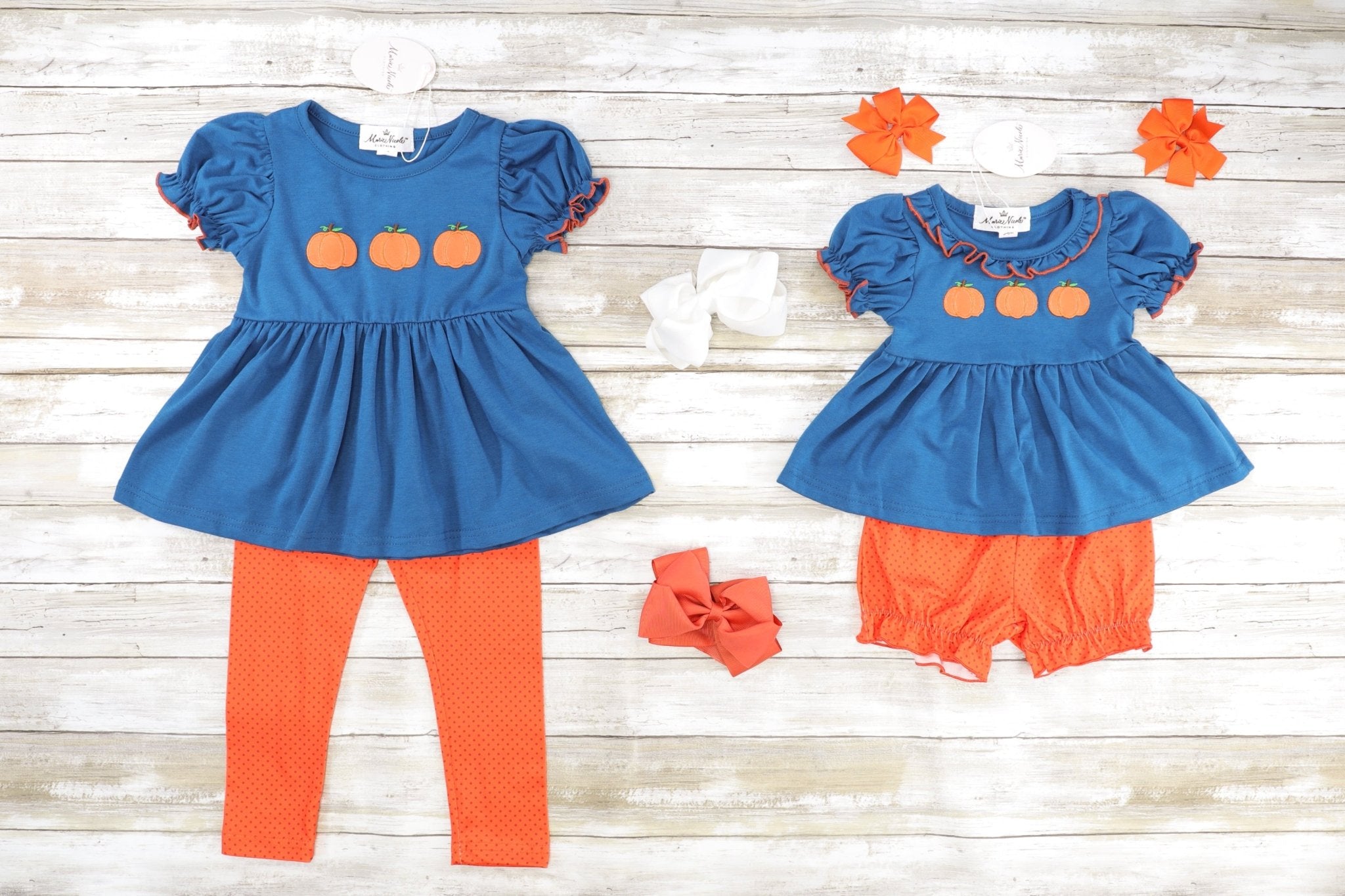 Midnight Blue Pumpkin Peplum Top & Orange Bottoms Outfit - Marie Nicole Clothing