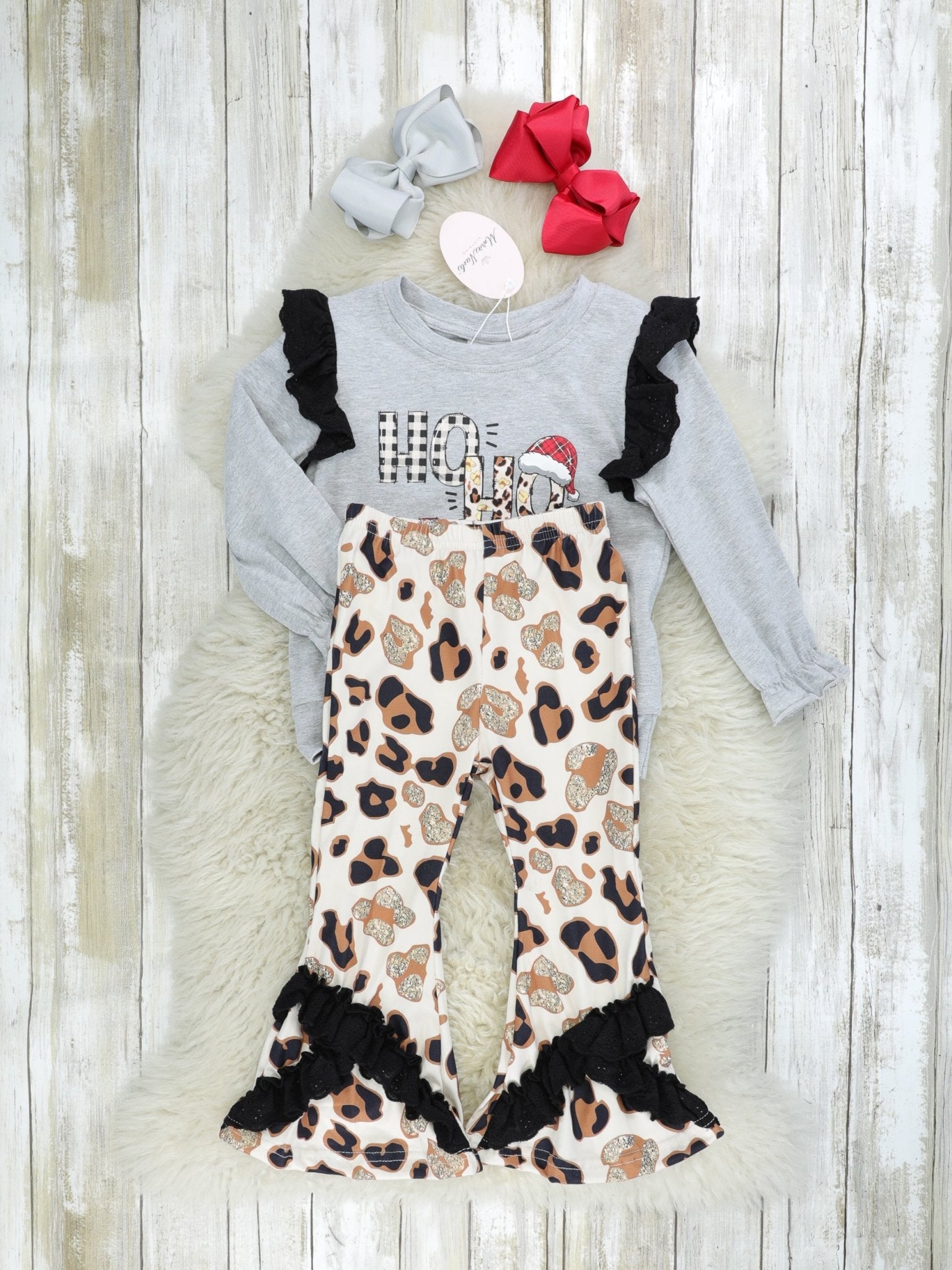 "HO HO HO" Leopard Ruffle Outfit - Marie Nicole Clothing