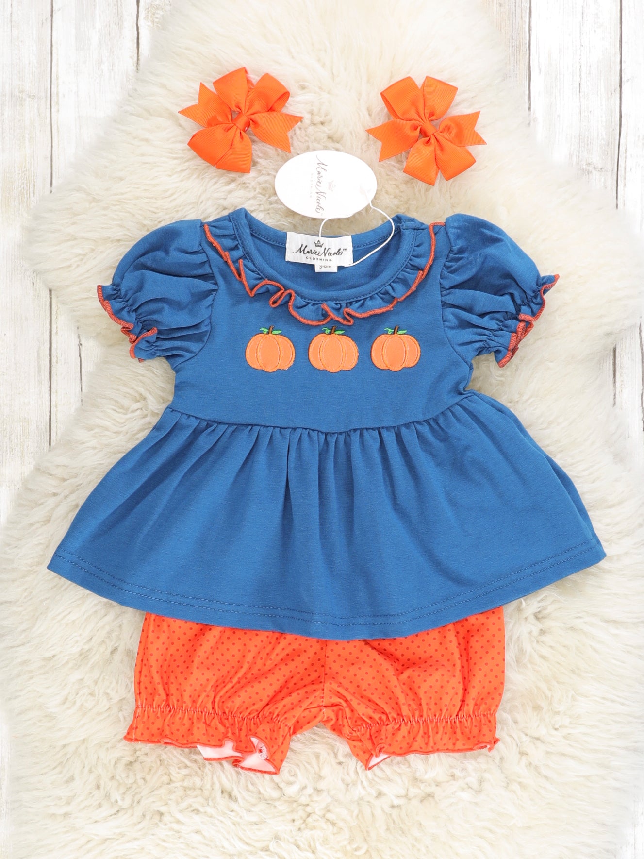 Midnight Blue Pumpkin Ruffle Top & Orange Shorts Outfit - Marie Nicole Clothing