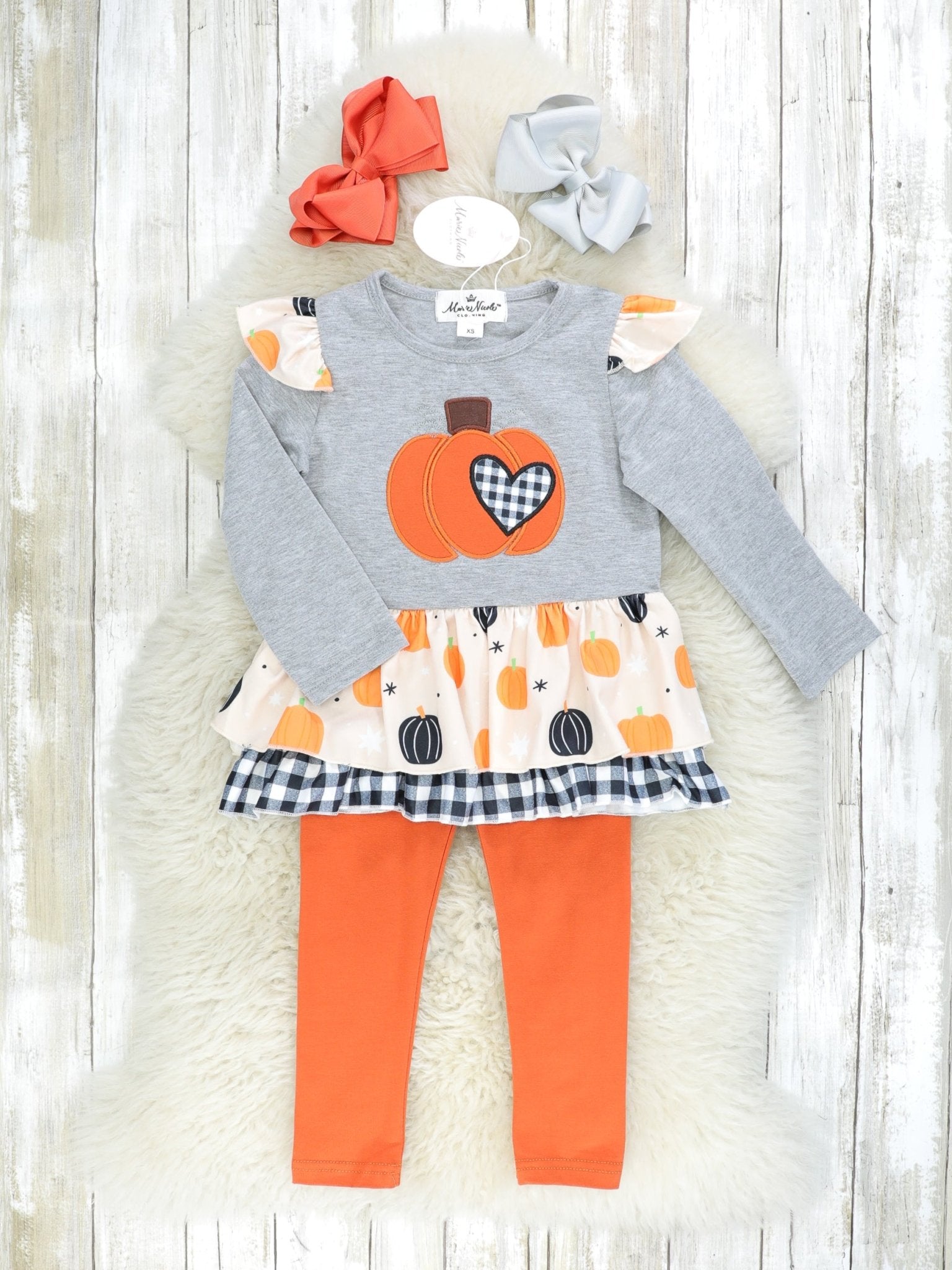 Gingham Heart Pumpkin Ruffle Top & Orange Bottoms Outfit - Marie Nicole Clothing