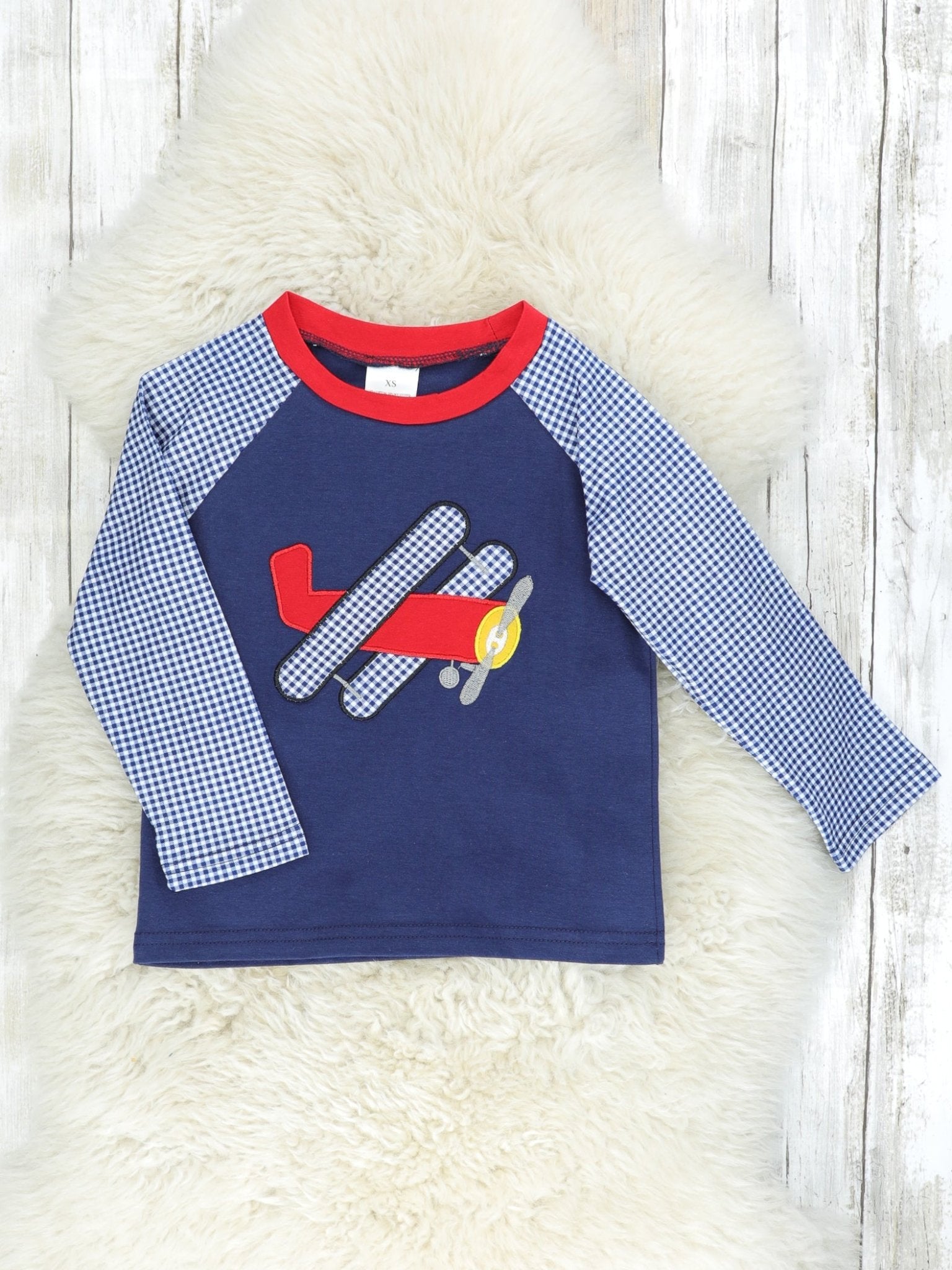 Navy Gingham Airplane Raglan Shirt - Marie Nicole Clothing