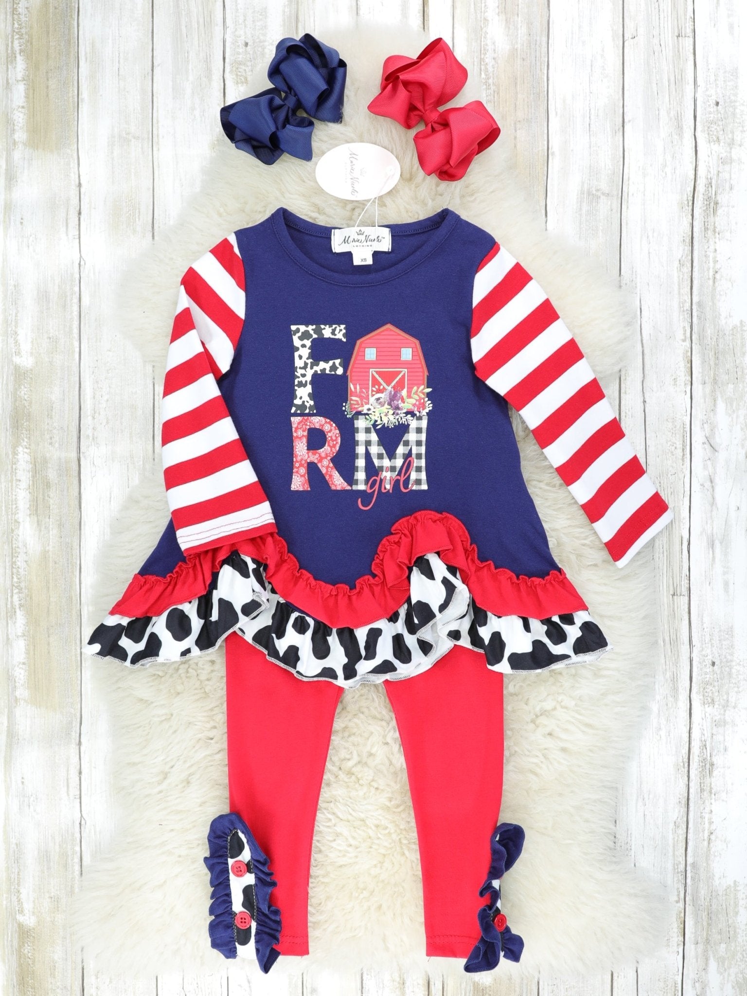 Navy "Farm" Cow Print Ruffle Top & Red Bottoms Outfit - Marie Nicole Clothing
