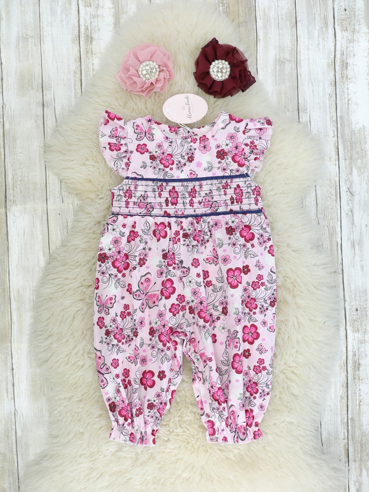 Pink Butterfly Smocked Romper - Marie Nicole Clothing