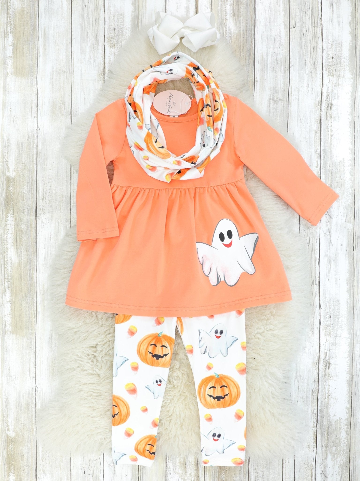 Orange Ghost Peplum Top & Pumpkin Candy Corn Bottoms Outfit W/ Scarf - Marie Nicole Clothing