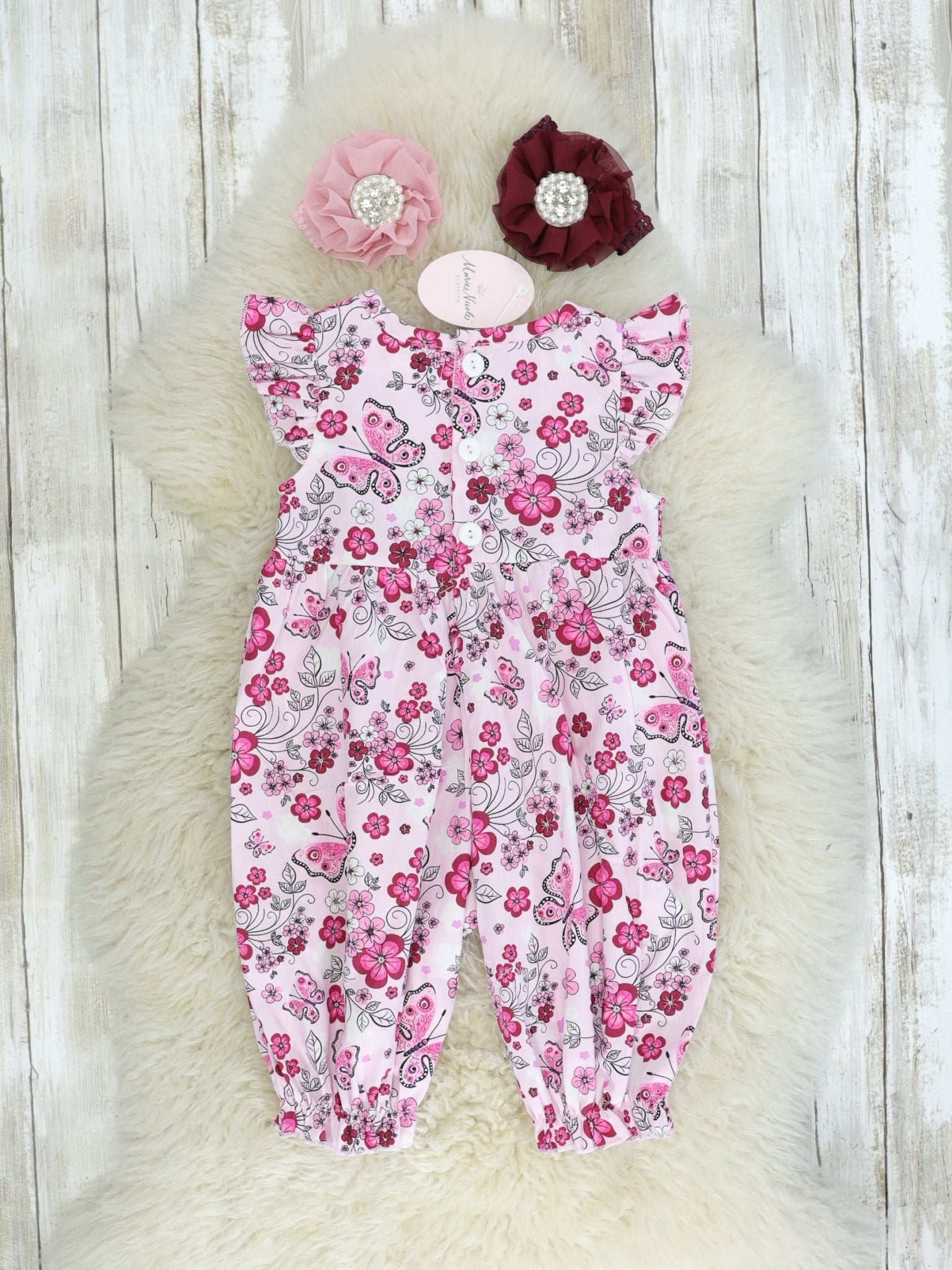 Pink Butterfly Smocked Romper - Marie Nicole Clothing
