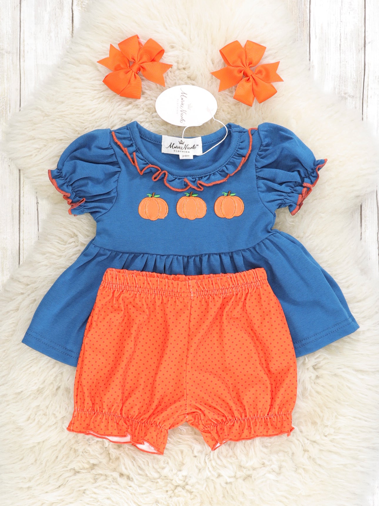 Midnight Blue Pumpkin Ruffle Top & Orange Shorts Outfit - Marie Nicole Clothing