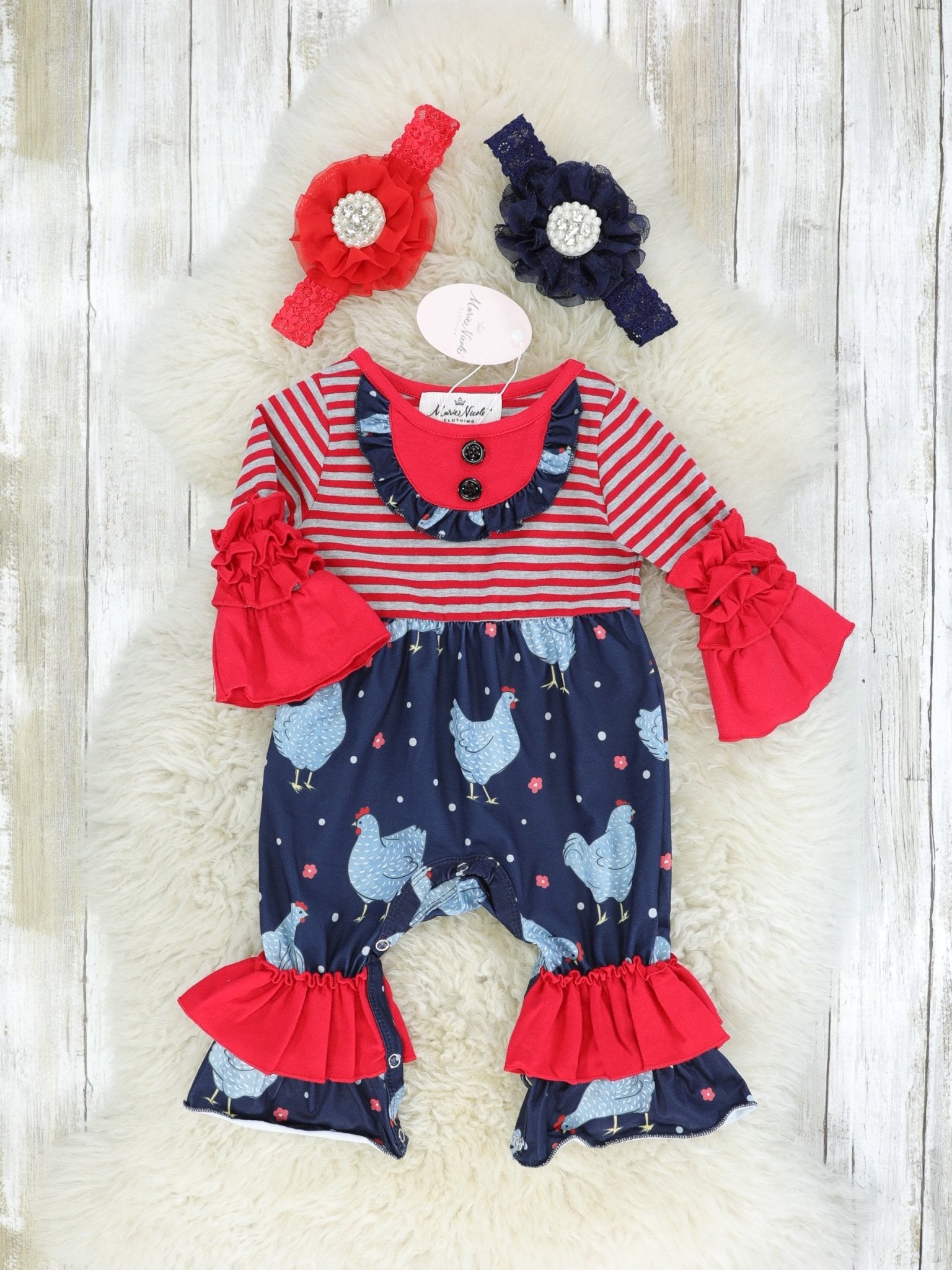 Red Striped Chicken Ruffle Romper - Marie Nicole Clothing