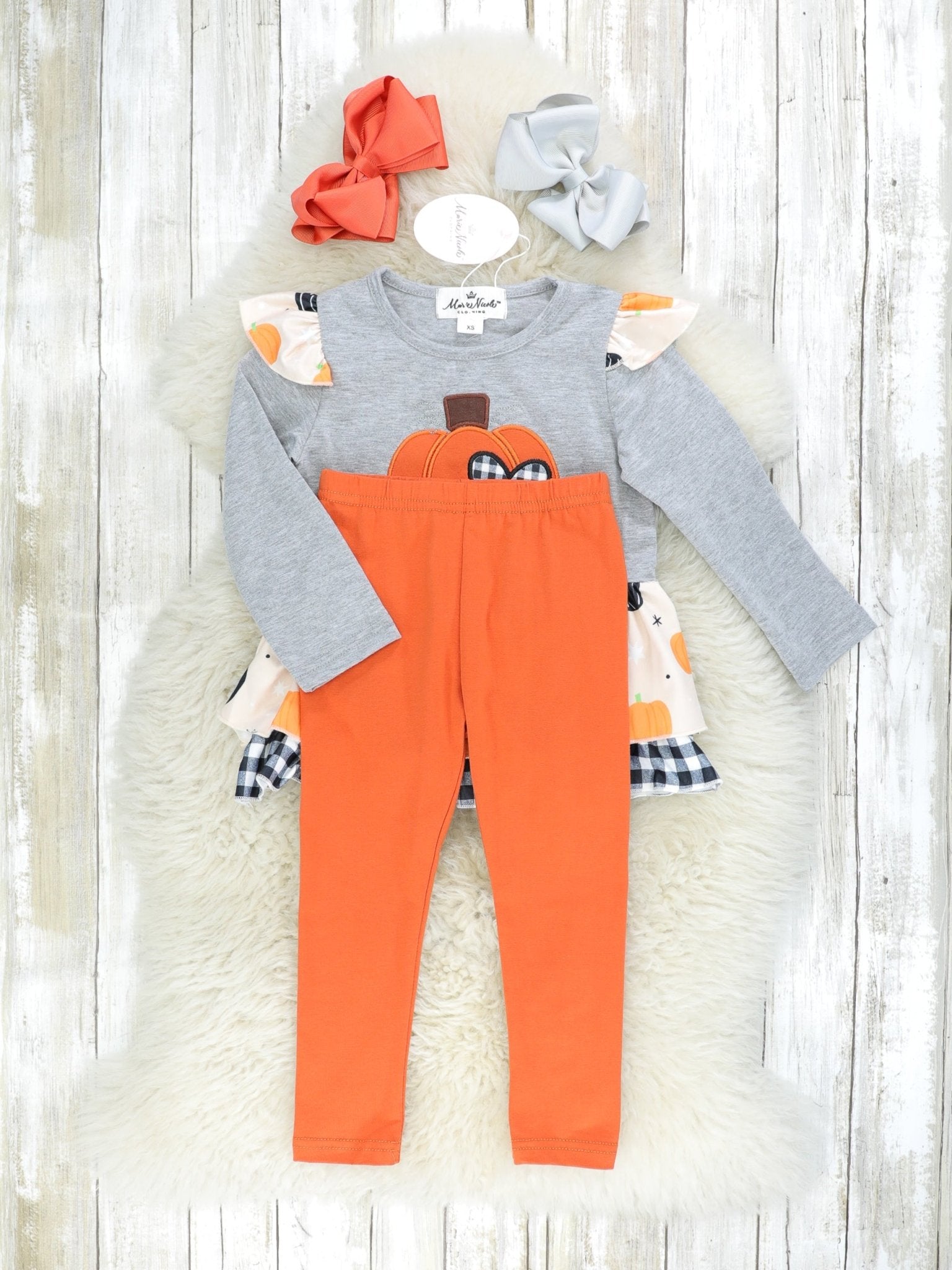 Gingham Heart Pumpkin Ruffle Top & Orange Bottoms Outfit - Marie Nicole Clothing