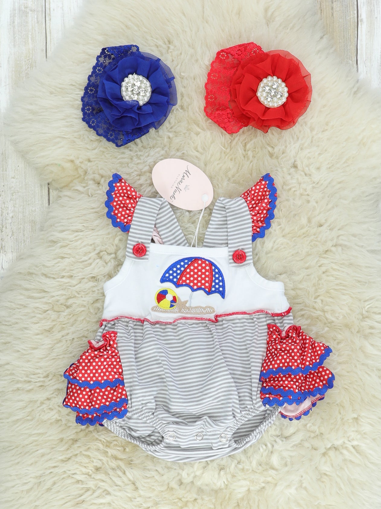 Red Polka Dot Umbrella Beach Bubble Romper - Marie Nicole Clothing