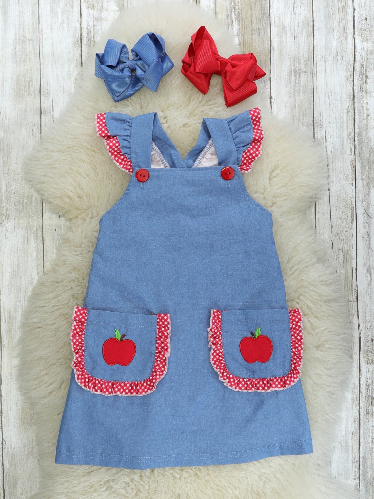 Chambray Apples Ruffle Pocket Dress - Marie Nicole Clothing