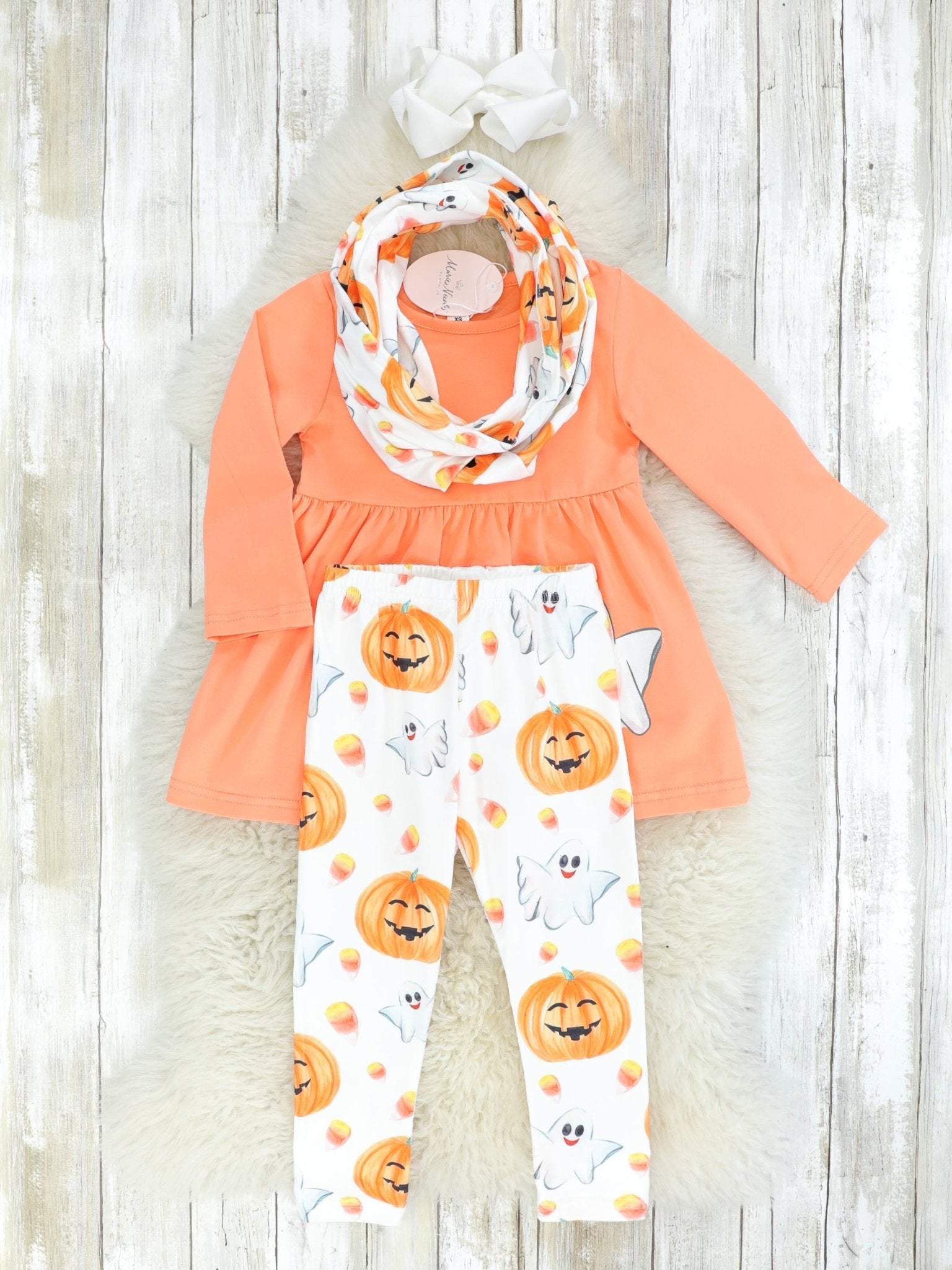 Orange Ghost Peplum Top & Pumpkin Candy Corn Bottoms Outfit W/ Scarf - Marie Nicole Clothing