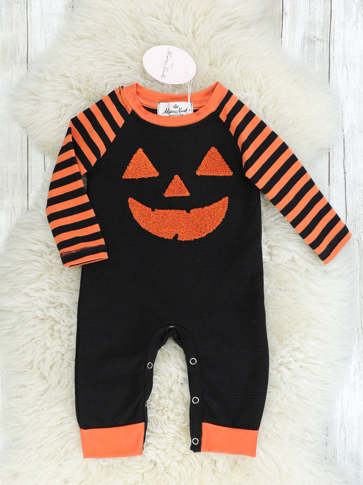 Orange & Black Striped Jack - O - Lantern Romper - Marie Nicole Clothing