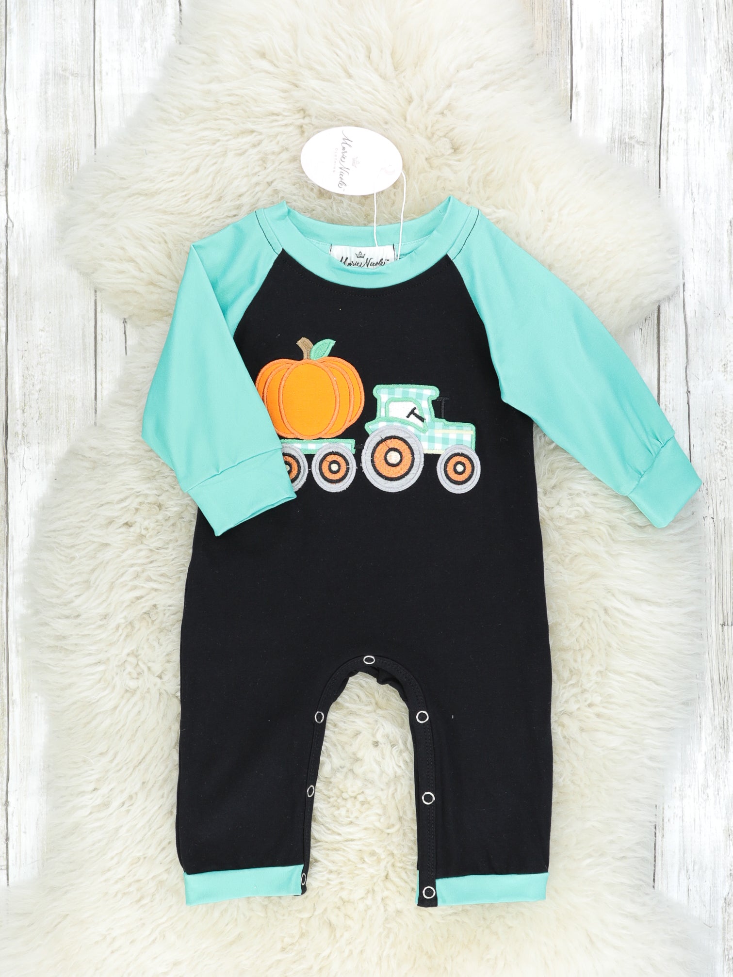 Pumpkin Tractor Green Raglan Romper - Marie Nicole Clothing