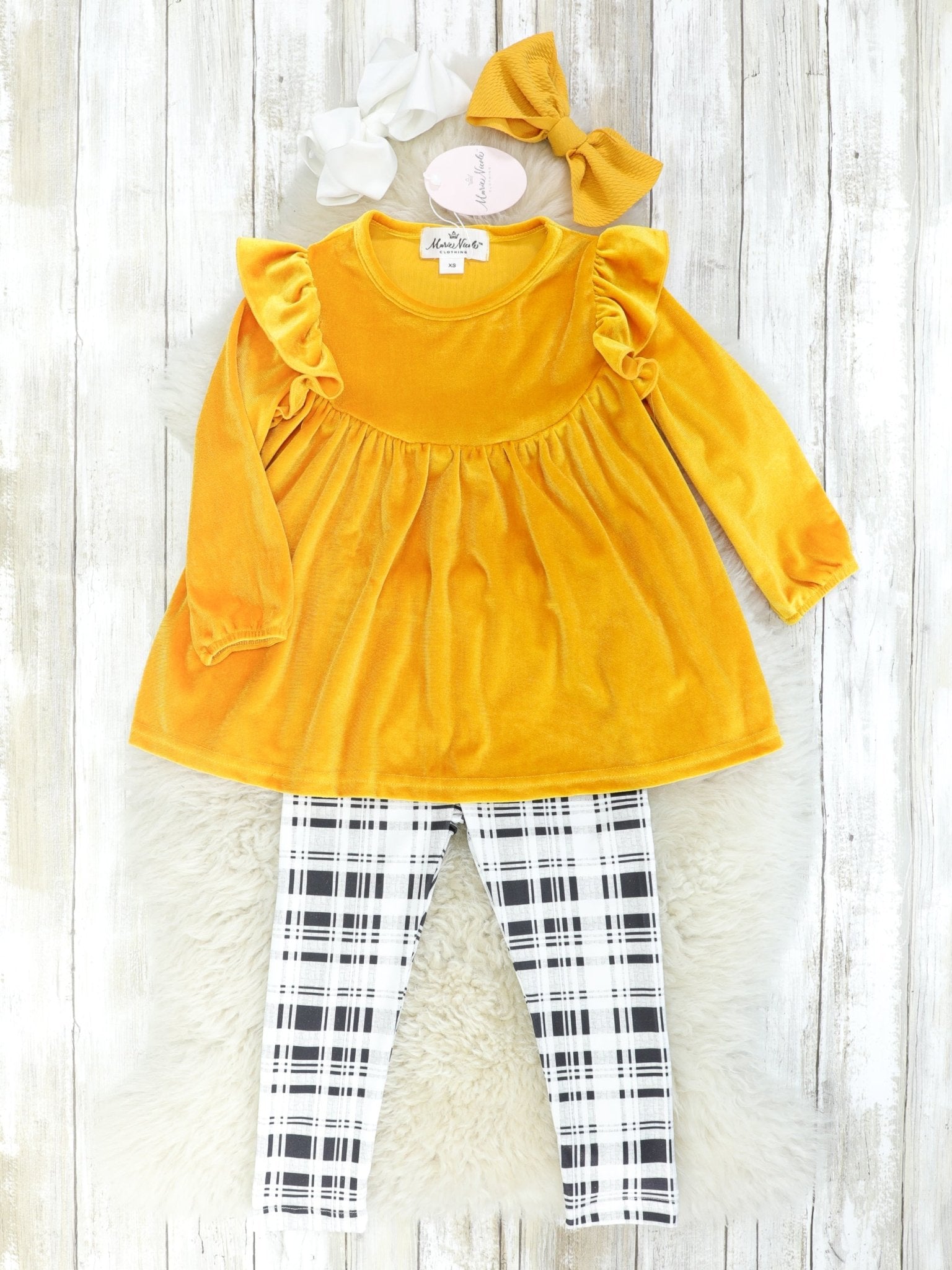 Mustard Velvet Ruffle Tunic & Plaid Bottoms Outfit - Marie Nicole Clothing