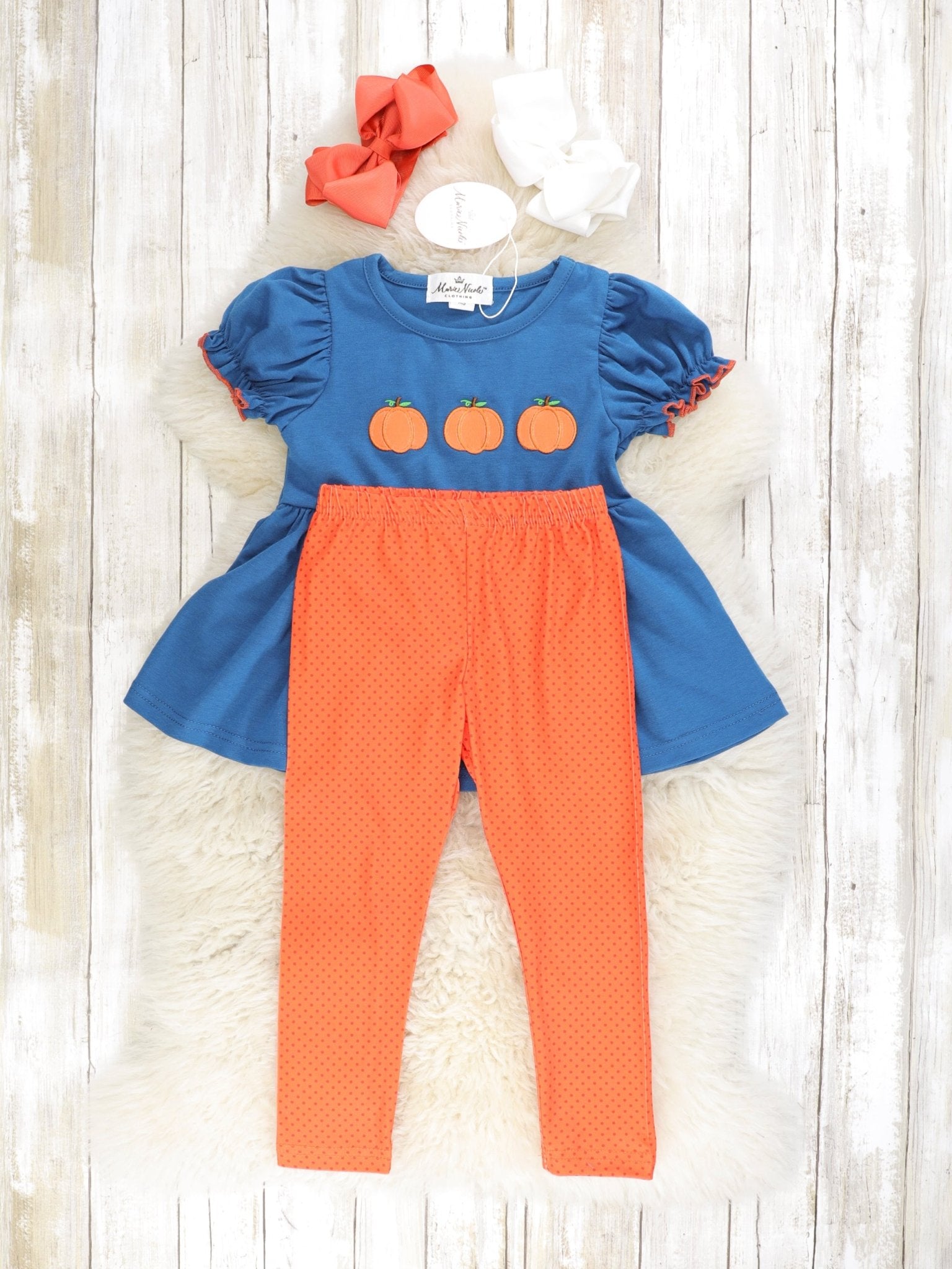 Midnight Blue Pumpkin Peplum Top & Orange Bottoms Outfit - Marie Nicole Clothing