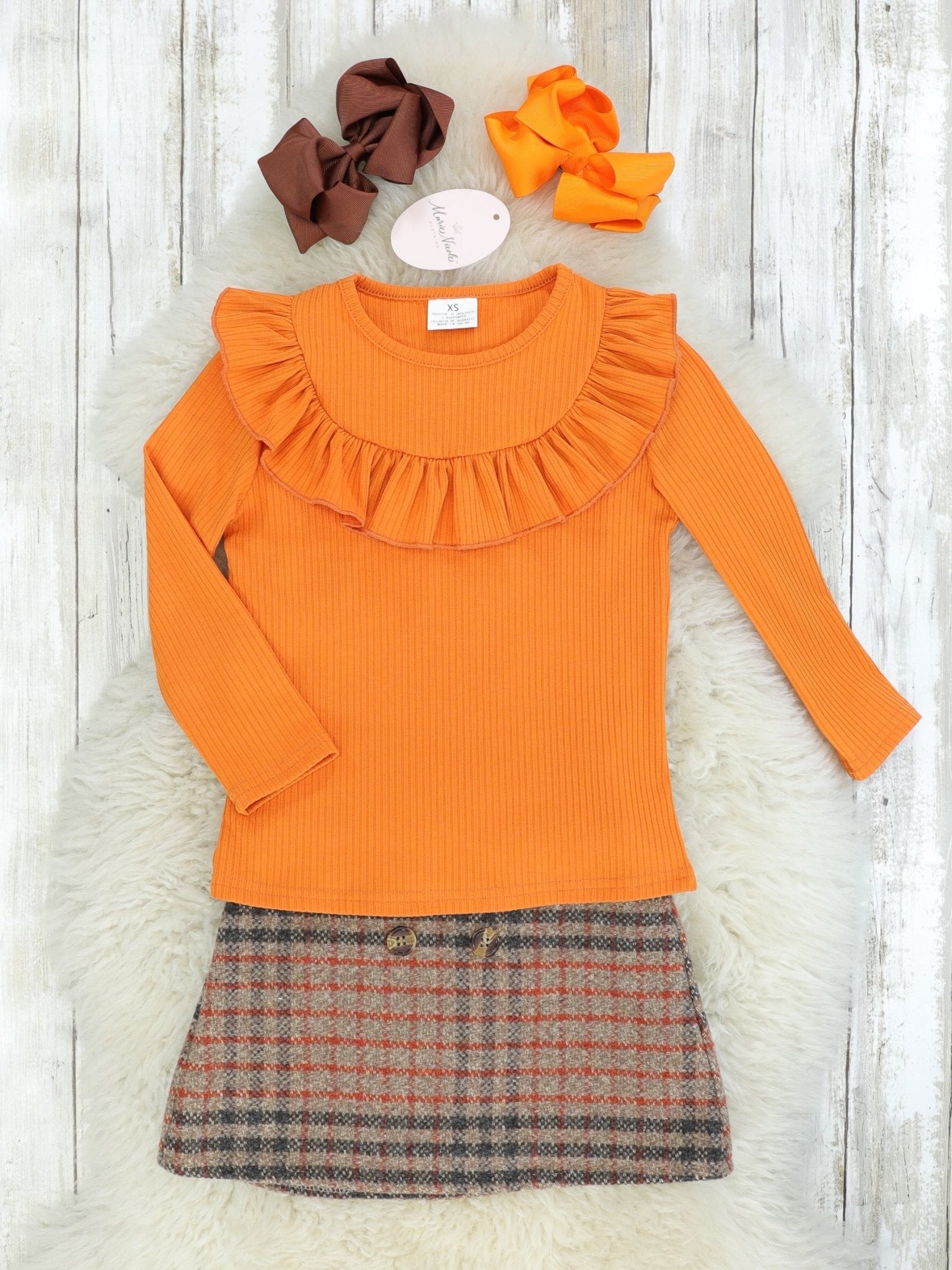 Orange Ribbed Ruffle Top & Plaid Skirt Outfit - Marie Nicole Clothing