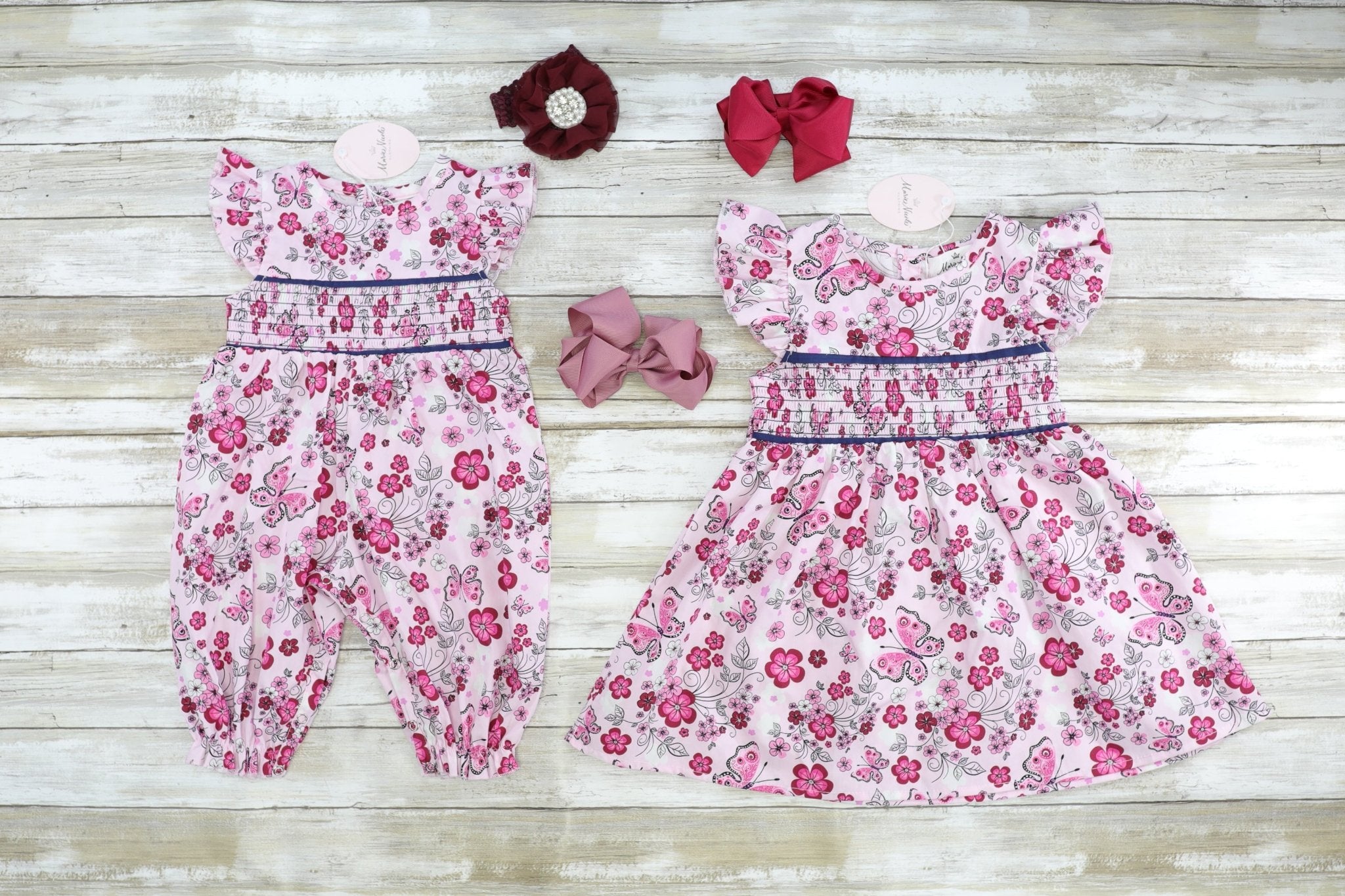 Pink Butterfly Smocked Romper - Marie Nicole Clothing