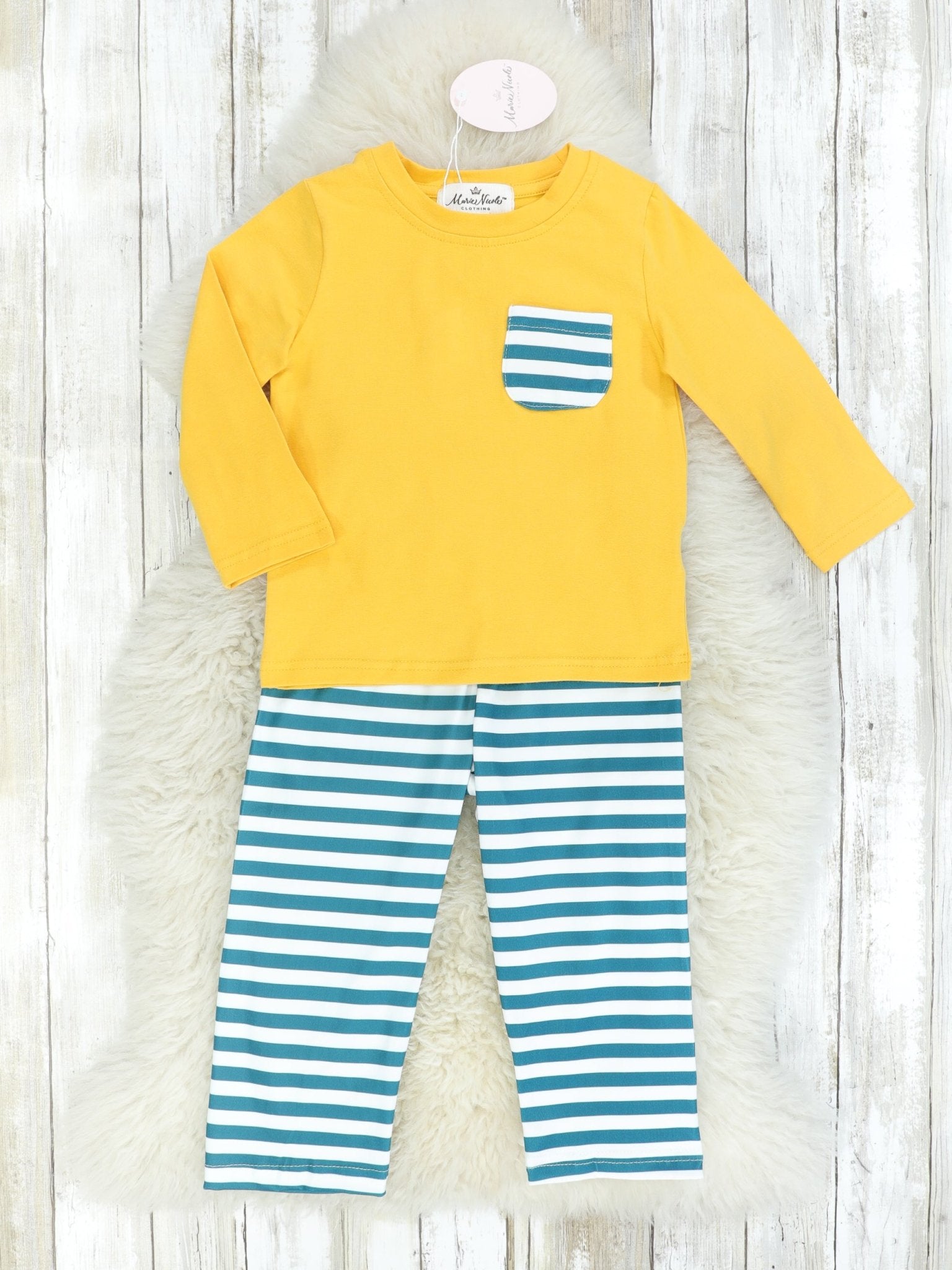 Yellow Pocket Long Sleeve & Striped Bottoms Outfit - Marie Nicole Clothing