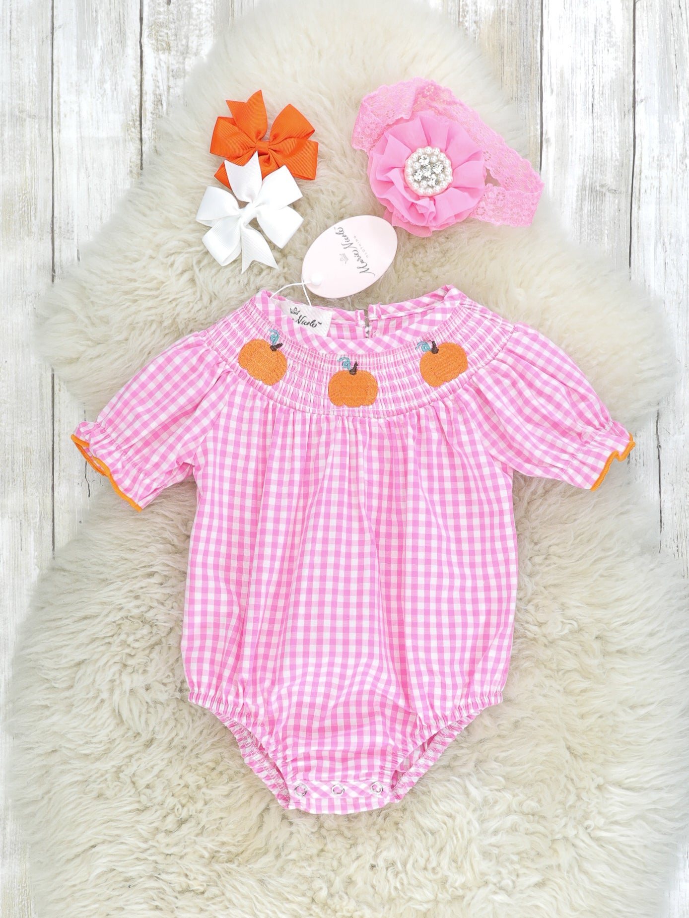 Pink Gingham Smocked Pumpkin Romper - Marie Nicole Clothing