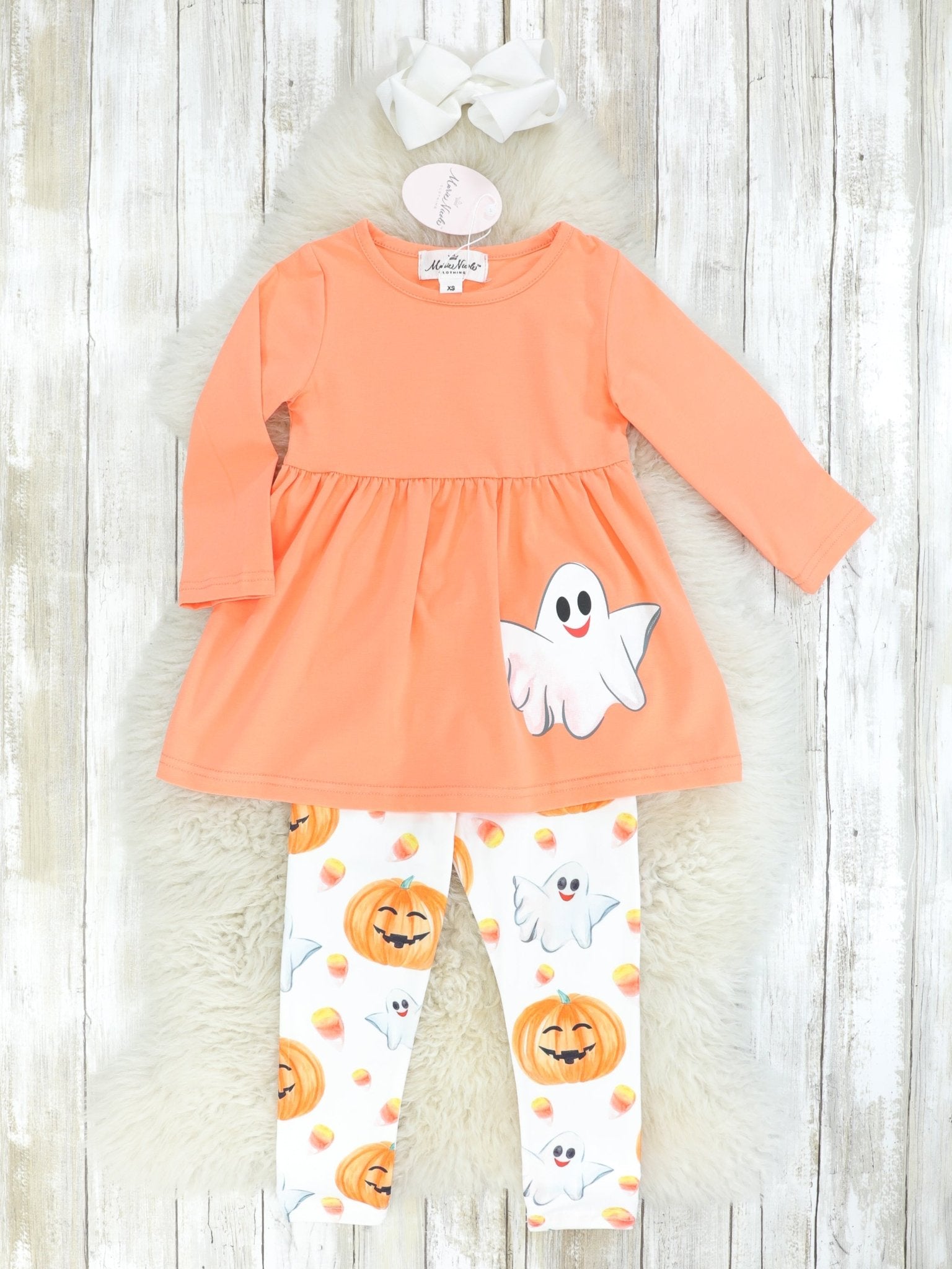 Orange Ghost Peplum Top & Pumpkin Candy Corn Bottoms Outfit W/ Scarf - Marie Nicole Clothing