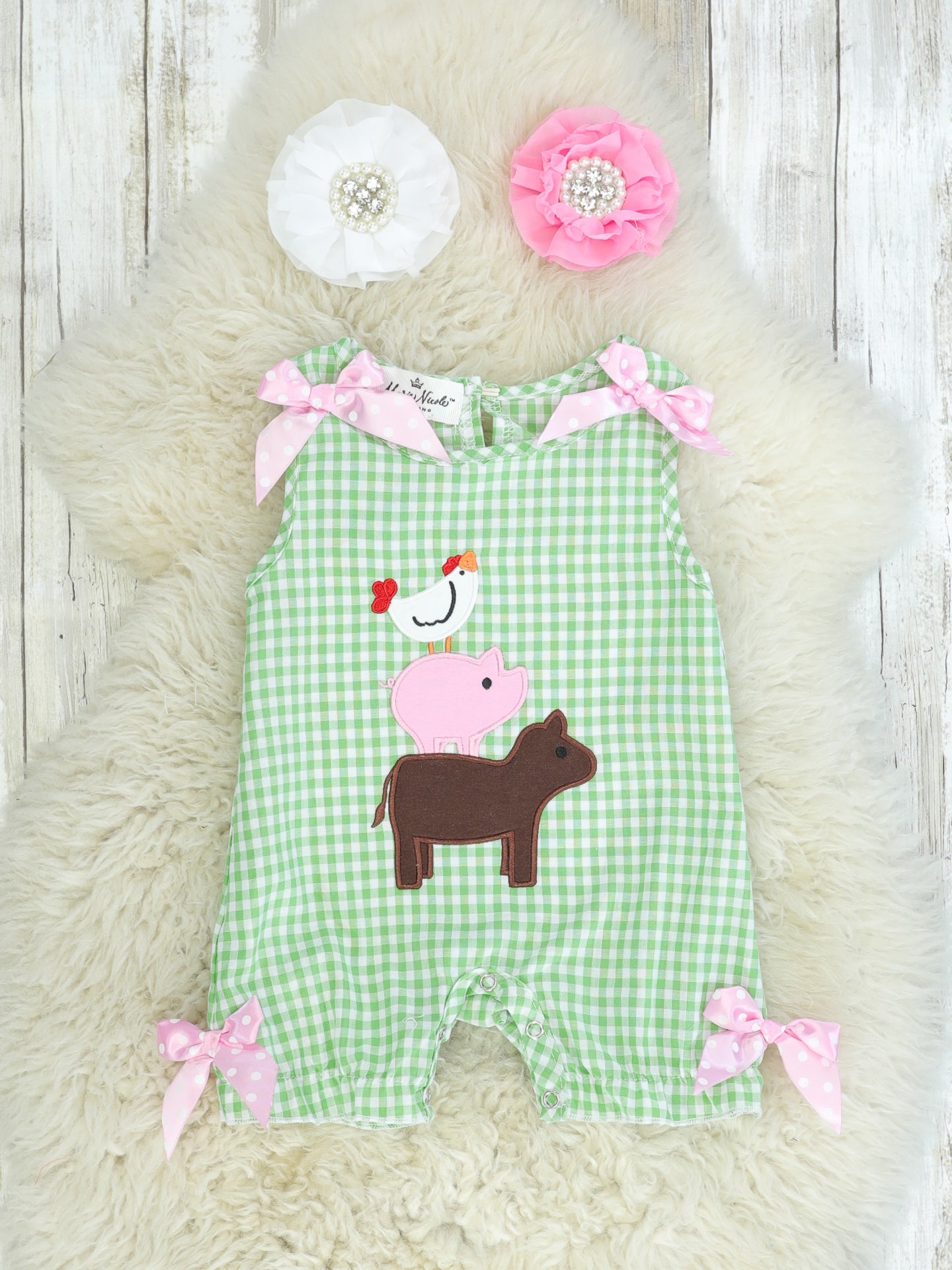Green Check Farm Animal Romper - Marie Nicole Clothing