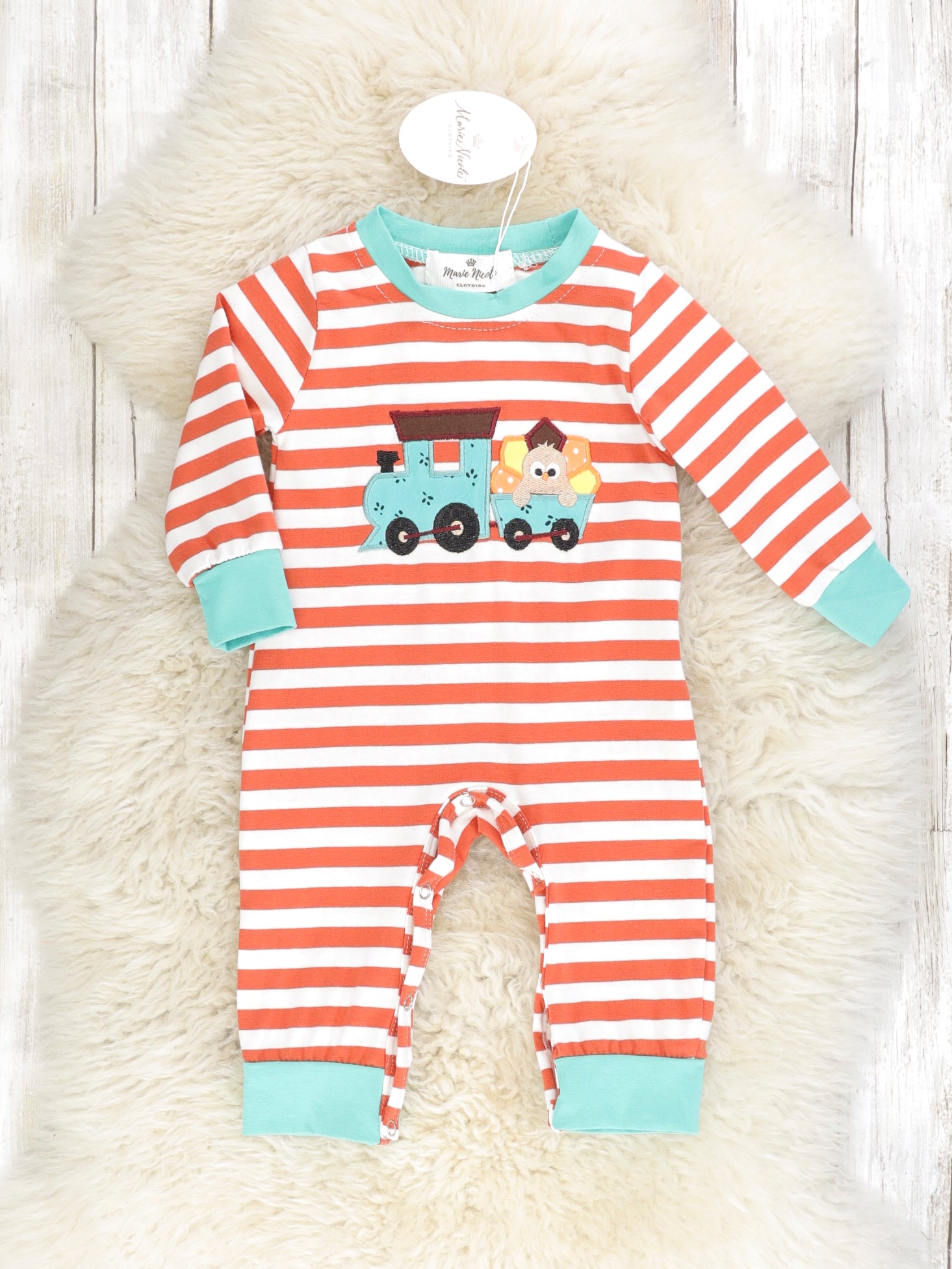 Striped Teal Turkey Train Romper - Marie Nicole Clothing