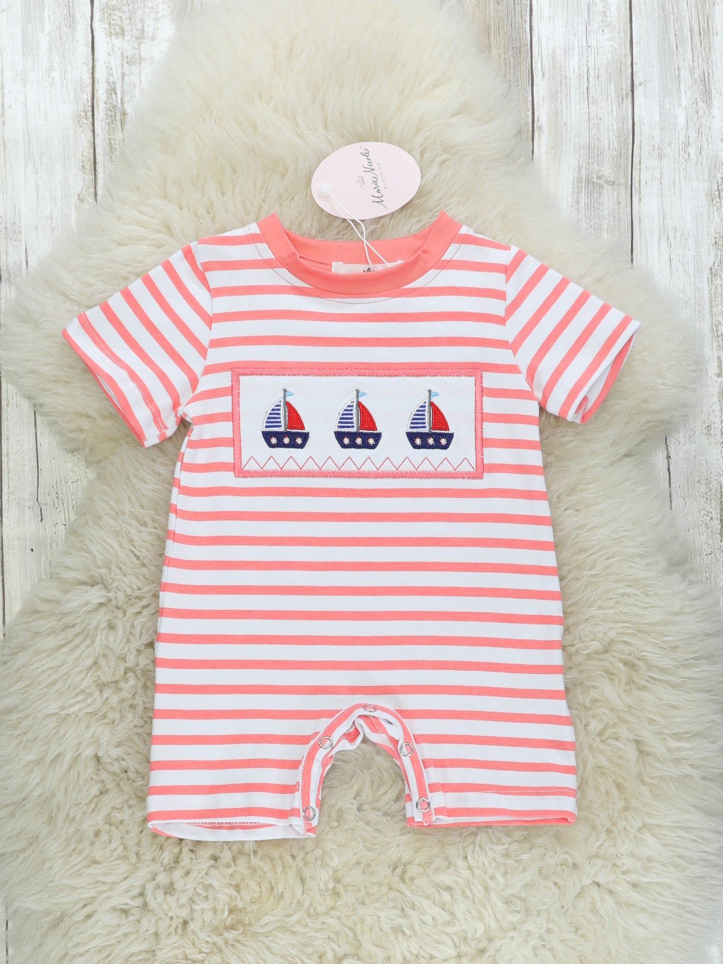Coral Sailboat Shorts Romper - Marie Nicole Clothing