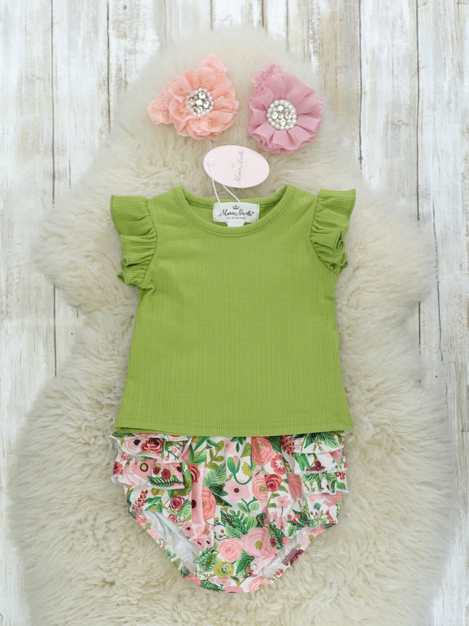 Green Ruffle Top & Floral Ruffle Overall Set - Marie Nicole Clothing