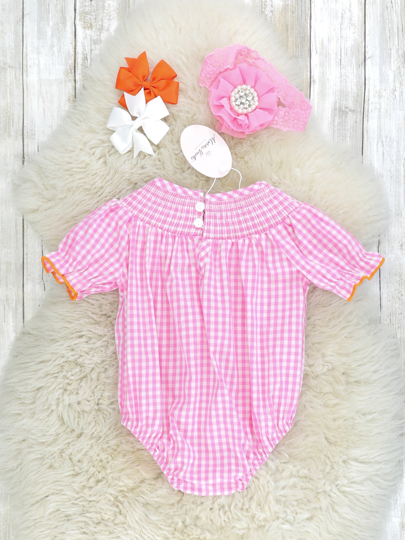 Pink Gingham Smocked Pumpkin Romper - Marie Nicole Clothing
